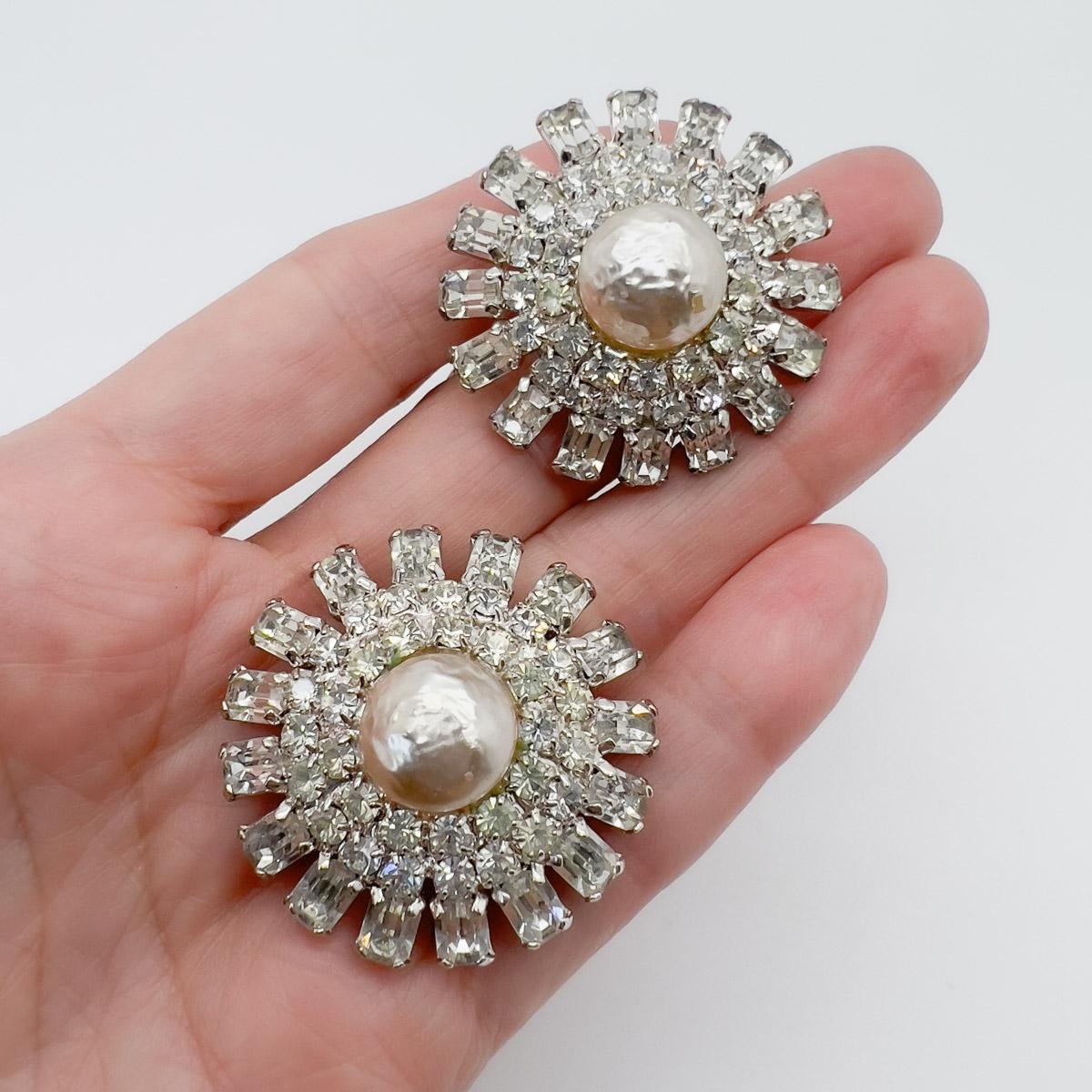 Vintage Baroque Pearl & Baguette Crystal Starburst Earrings 1960s In Good Condition For Sale In Wilmslow, GB