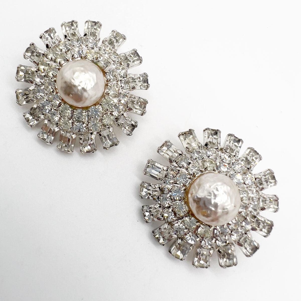 Women's Vintage Baroque Pearl & Baguette Crystal Starburst Earrings 1960s For Sale