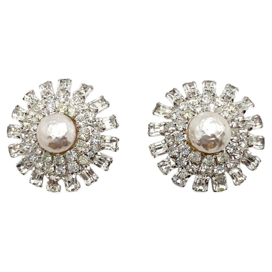 Vintage Baroque Pearl & Baguette Crystal Starburst Earrings 1960s For Sale