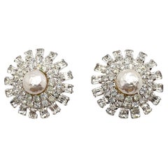 Retro Baroque Pearl & Baguette Crystal Starburst Earrings 1960s