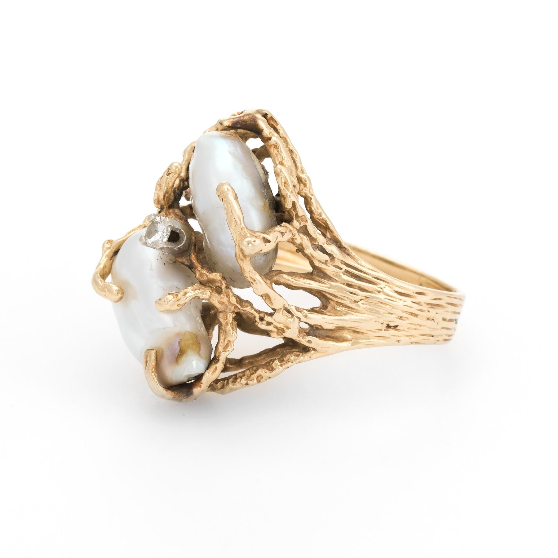 Modern Vintage Baroque Pearl Diamond Ring Naturalistic 14 Karat Gold Estate Jewelry