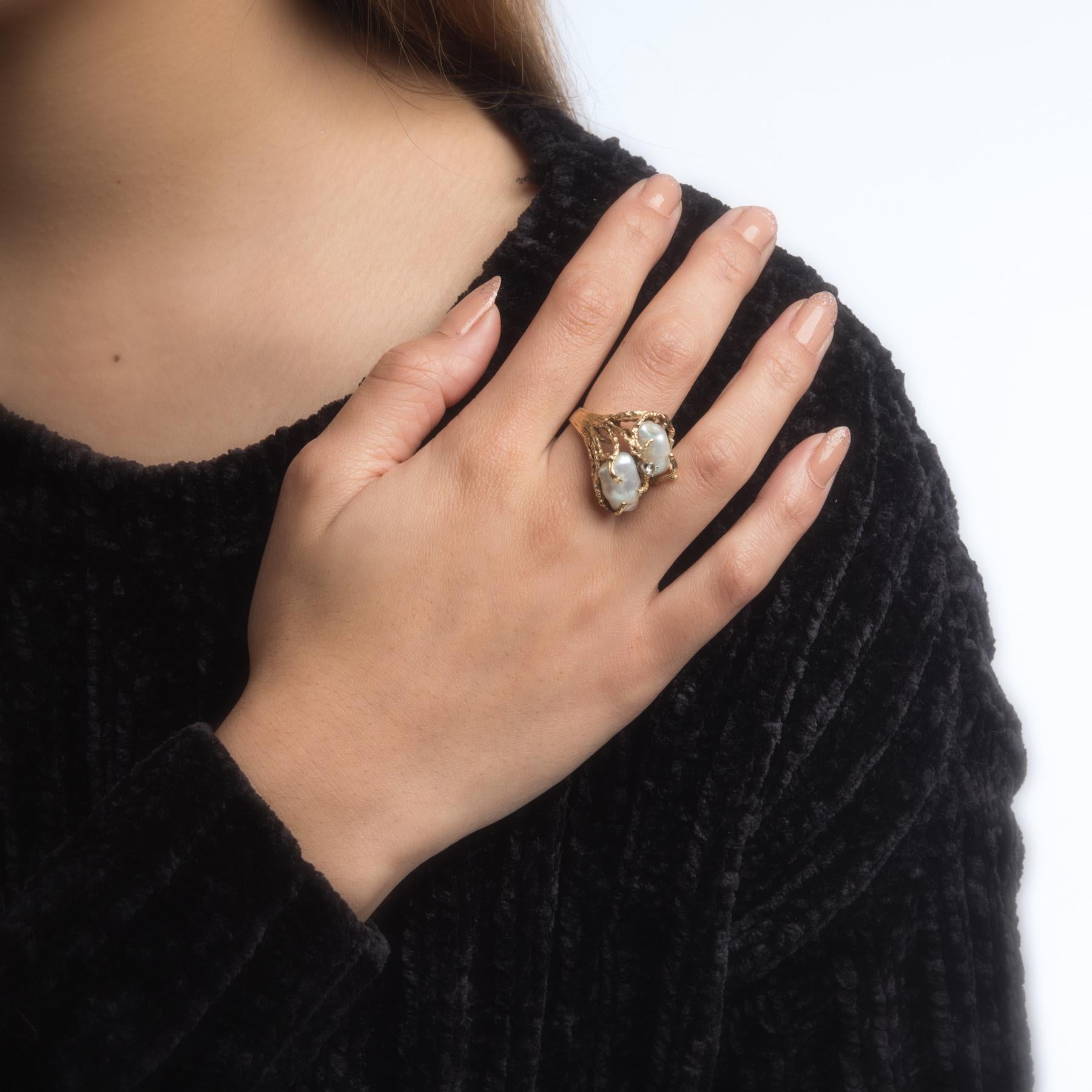 Women's Vintage Baroque Pearl Diamond Ring Naturalistic 14 Karat Gold Estate Jewelry