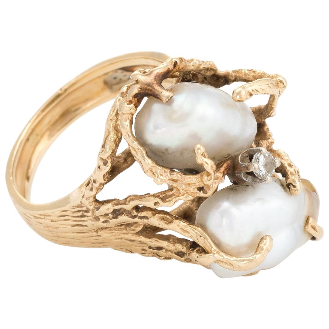 Vintage Baroque Pearl Diamond Ring Naturalistic 14 Karat Gold Estate Jewelry