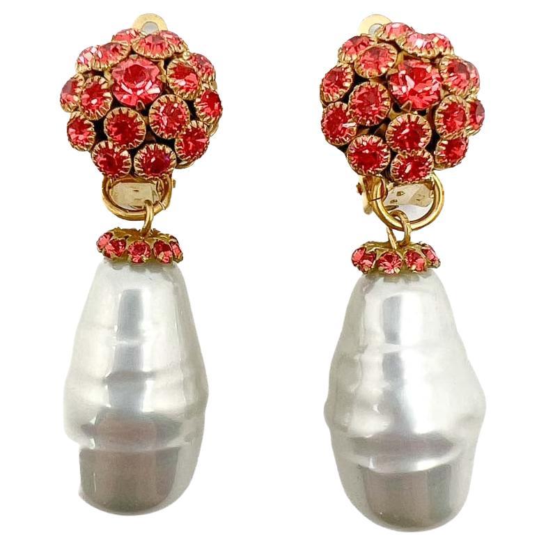 Vintage Baroque Pearl & Salmon Pink Crystal Earrings 1980s For Sale