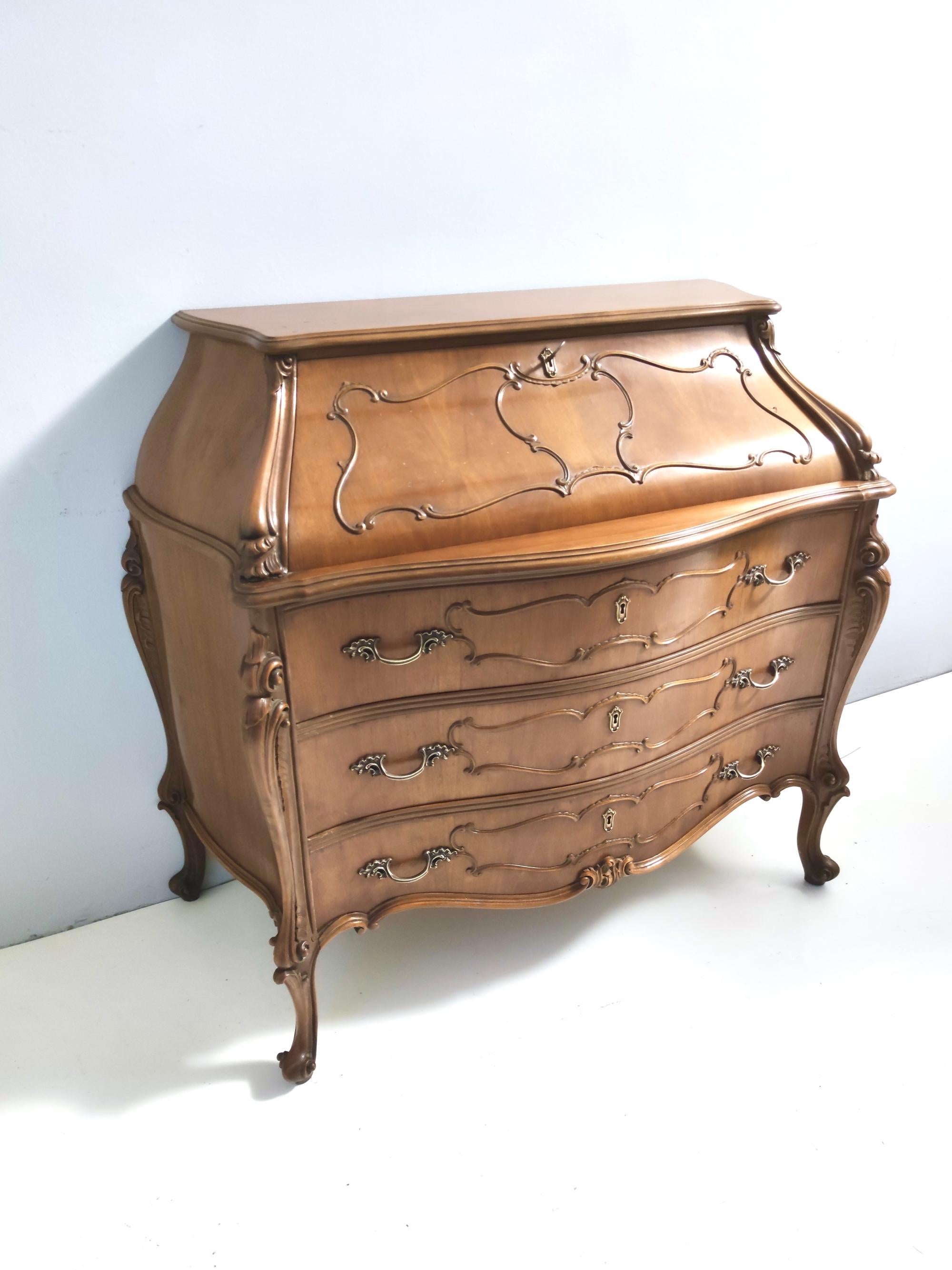 Baroque Revival Vintage Baroque Solid Walnut Dresser with Inlaid Designs, Italy For Sale
