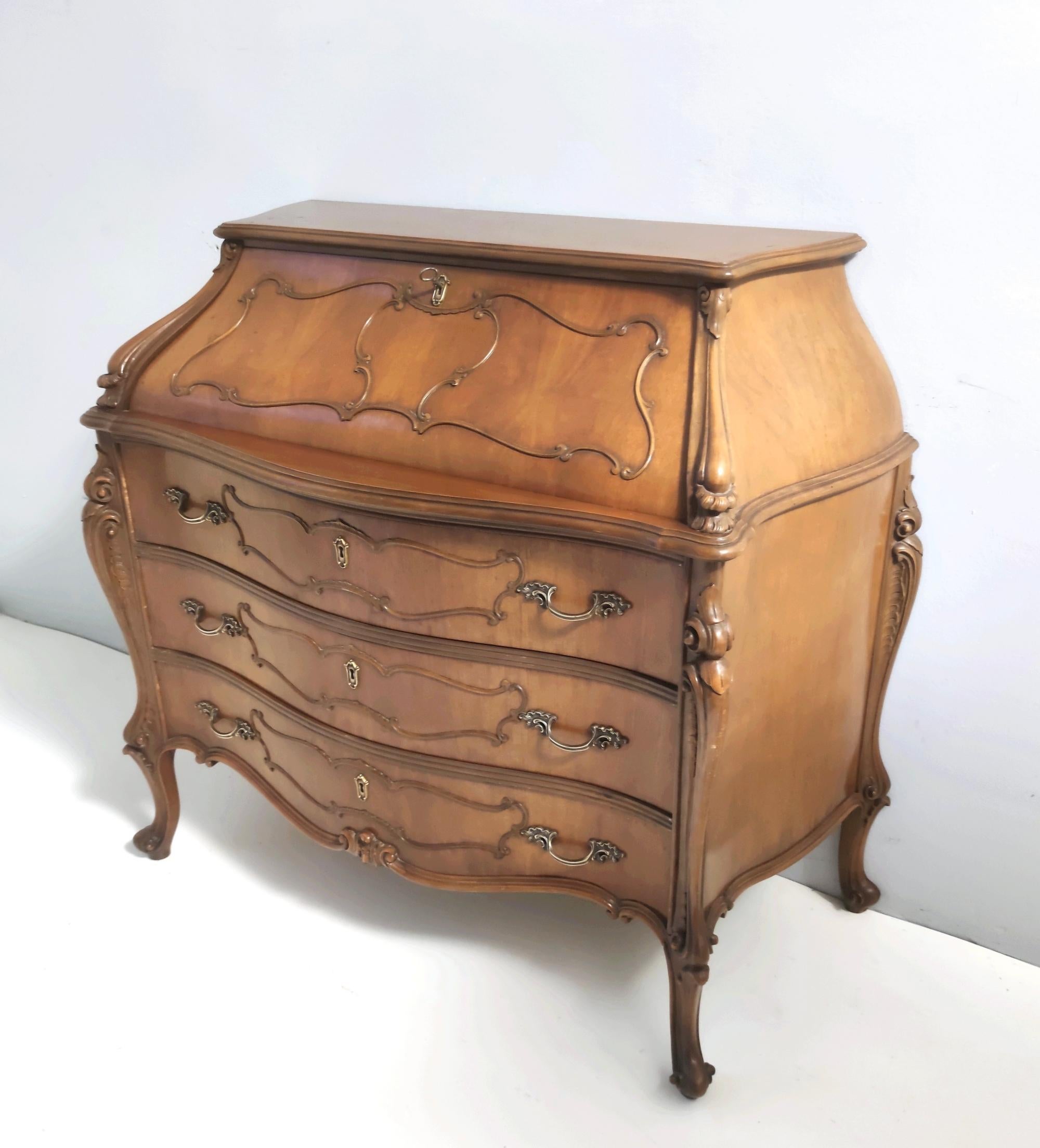 Italian Vintage Baroque Solid Walnut Dresser with Inlaid Designs, Italy For Sale