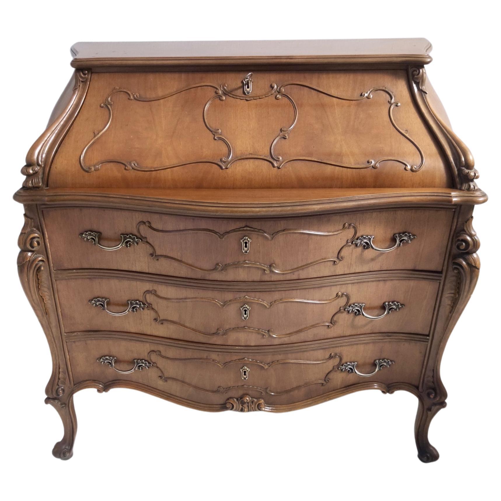 Vintage Baroque Solid Walnut Dresser with Inlaid Designs, Italy For Sale