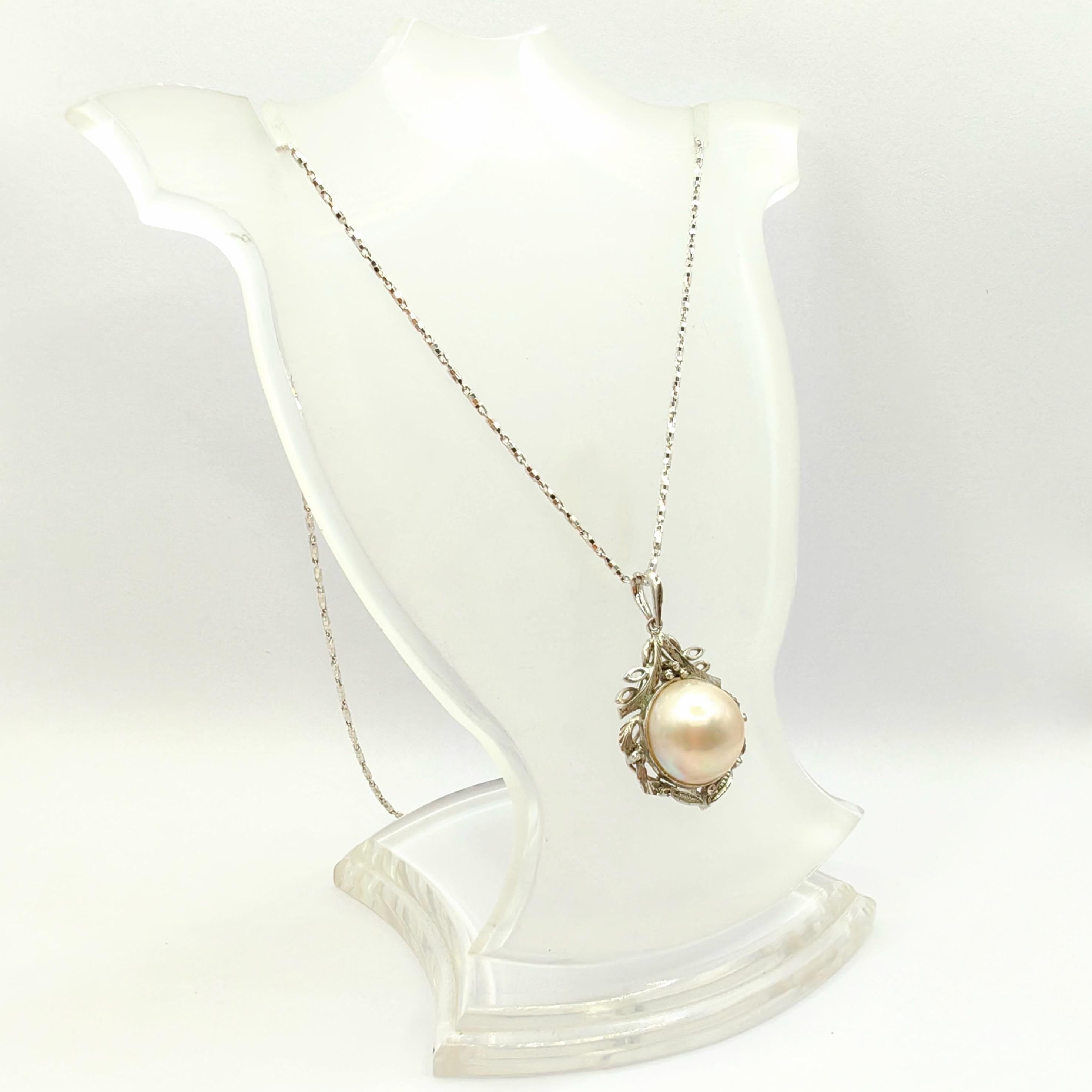 Vintage Baroque Style 14mm Mabé Pearl Necklace Pendant in Sterling Silver For Sale 3