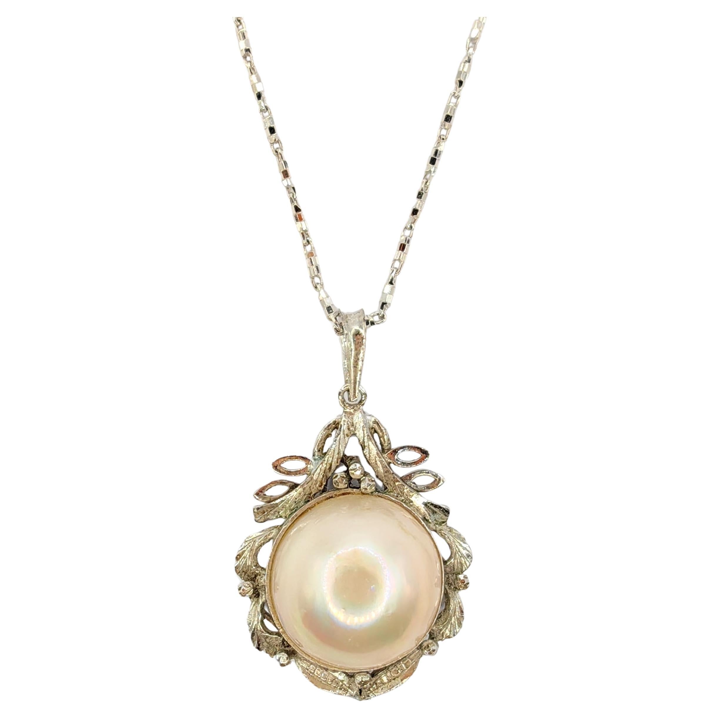 Vintage Baroque Style 14mm Mabé Pearl Necklace Pendant in Sterling Silver For Sale