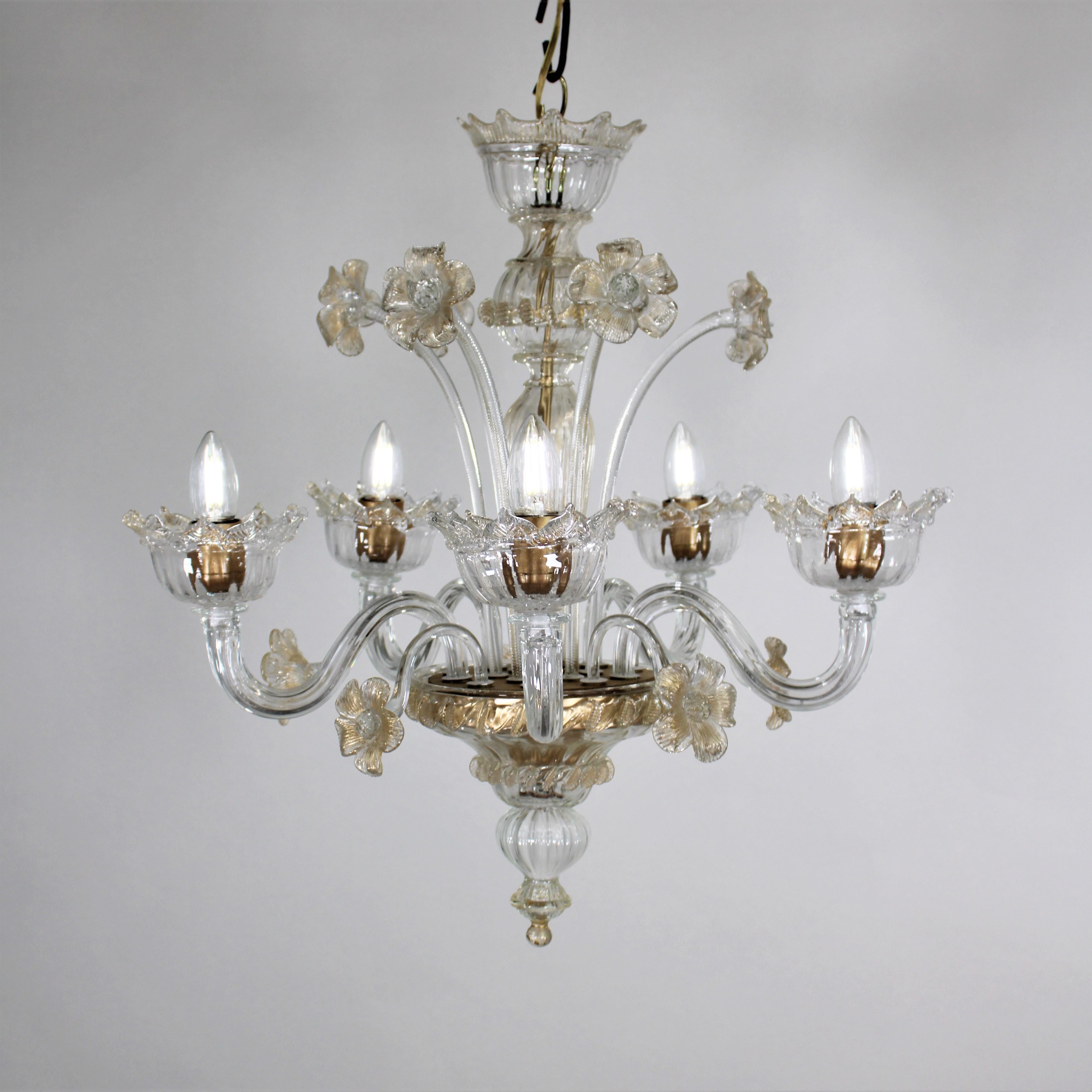 Italian Vintage Baroque Style Five Arm Gold Infused Cristallo Murano Glass Chandelier For Sale