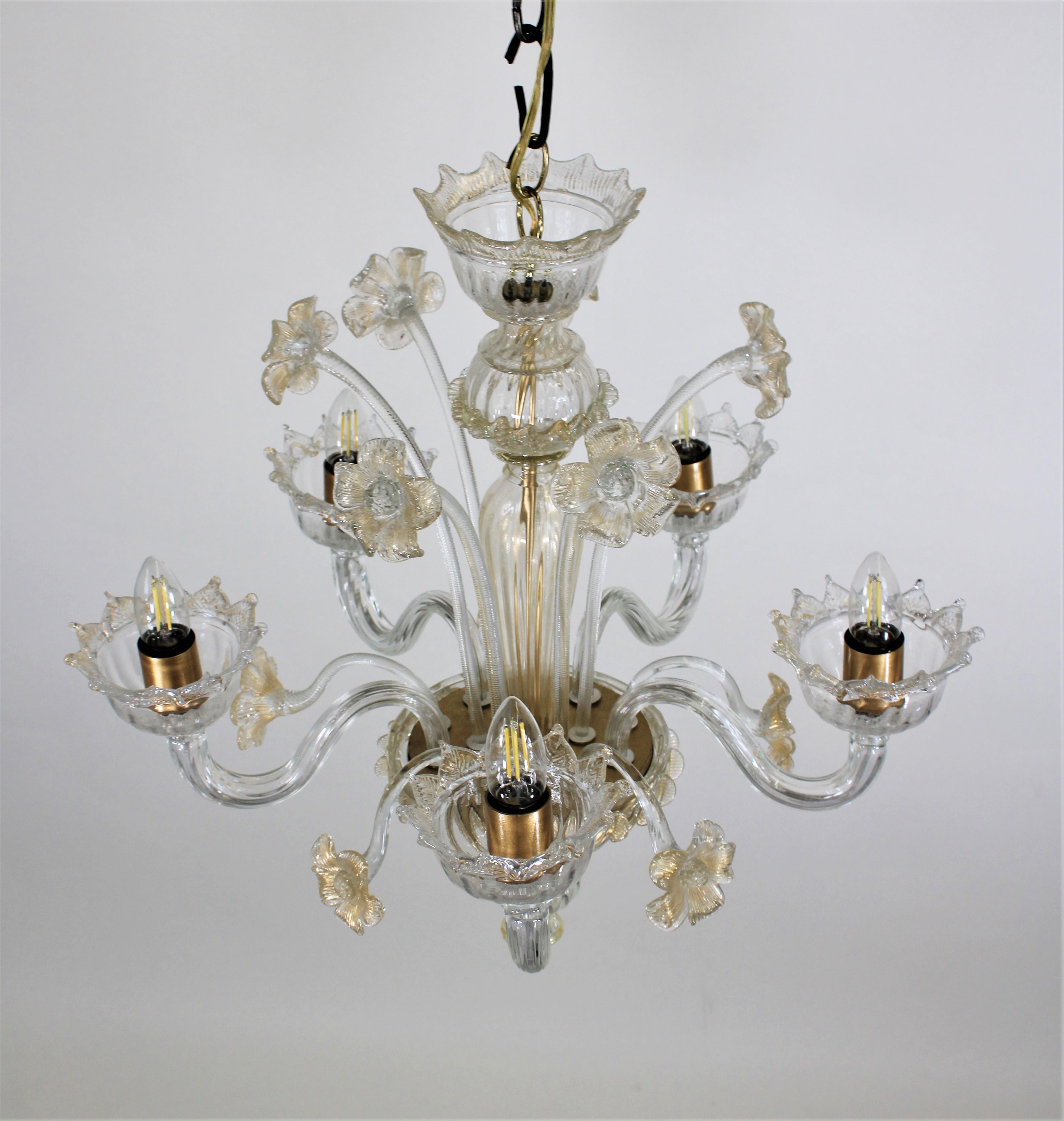 Hand-Crafted Vintage Baroque Style Five Arm Gold Infused Cristallo Murano Glass Chandelier For Sale