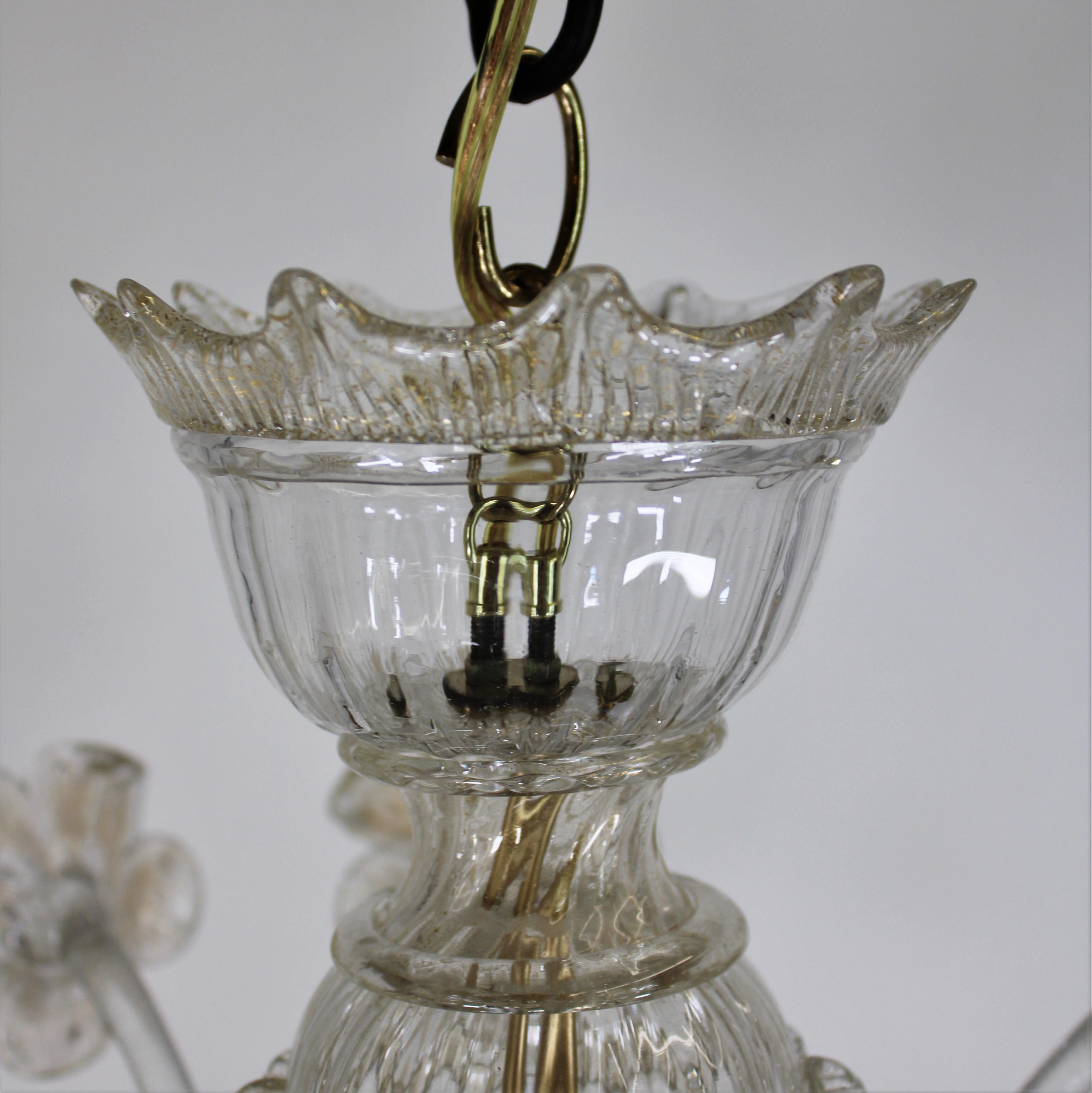 20th Century Vintage Baroque Style Five Arm Gold Infused Cristallo Murano Glass Chandelier For Sale