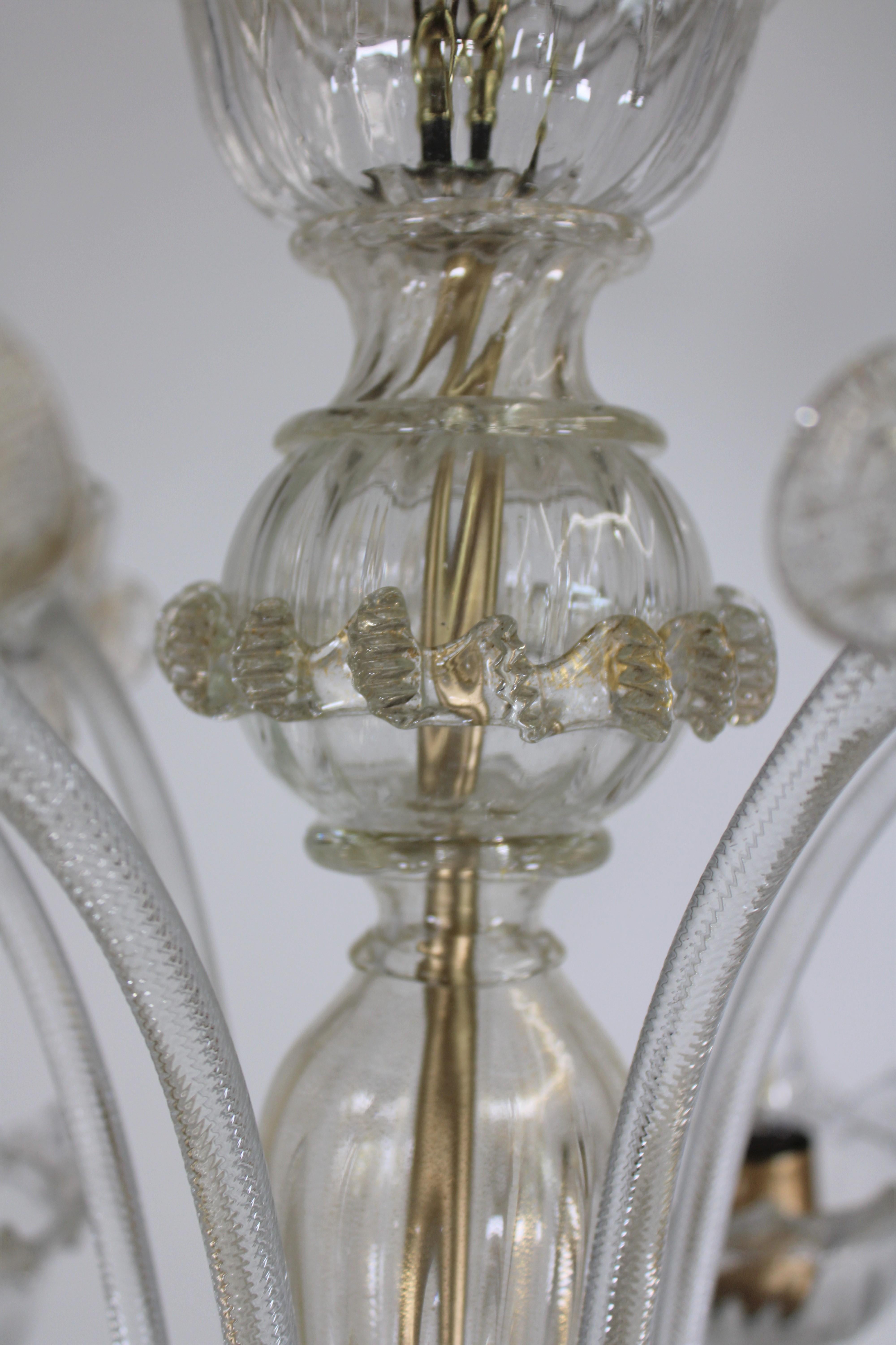 Vintage Baroque Style Five Arm Gold Infused Cristallo Murano Glass Chandelier For Sale 1