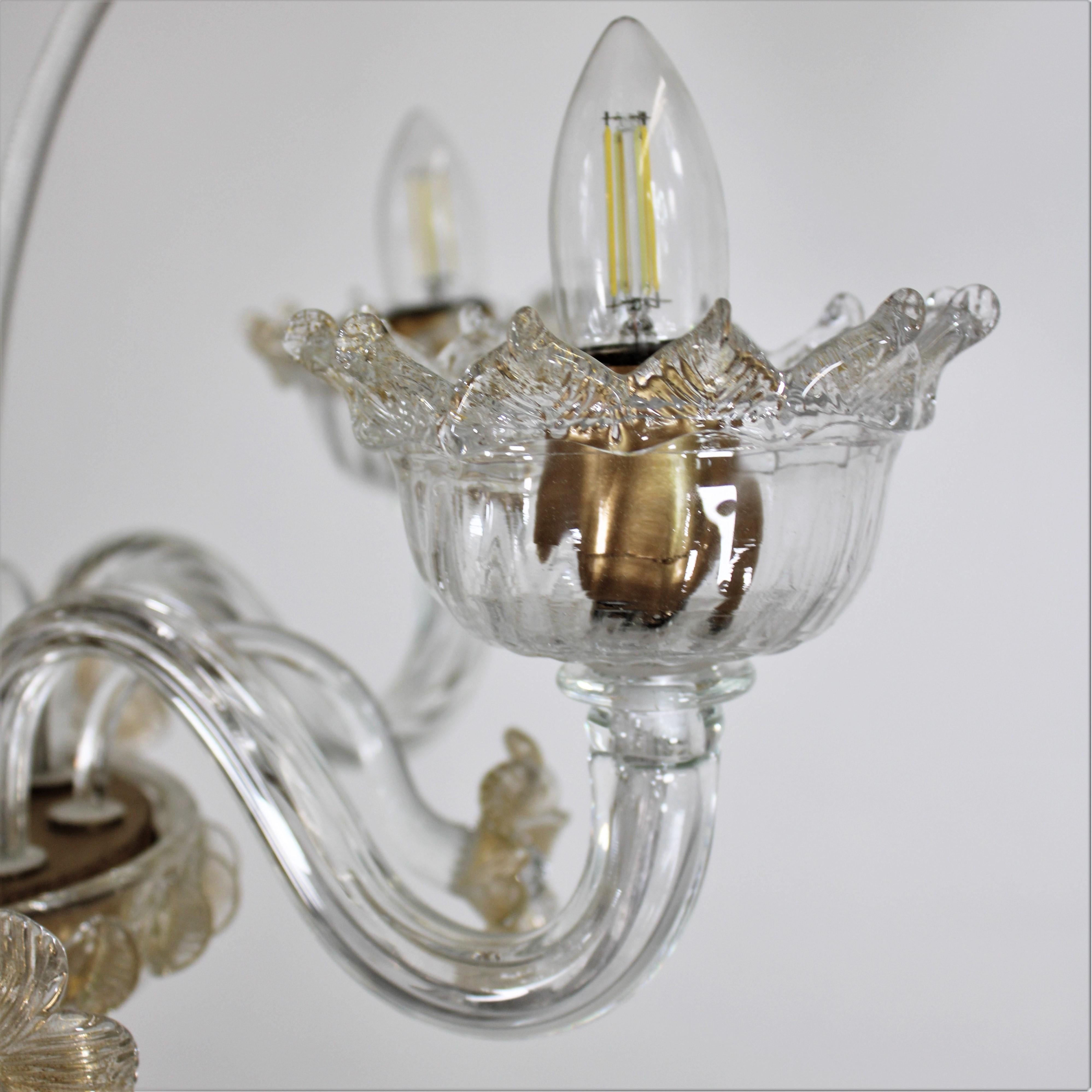 Vintage Baroque Style Five Arm Gold Infused Cristallo Murano Glass Chandelier For Sale 2
