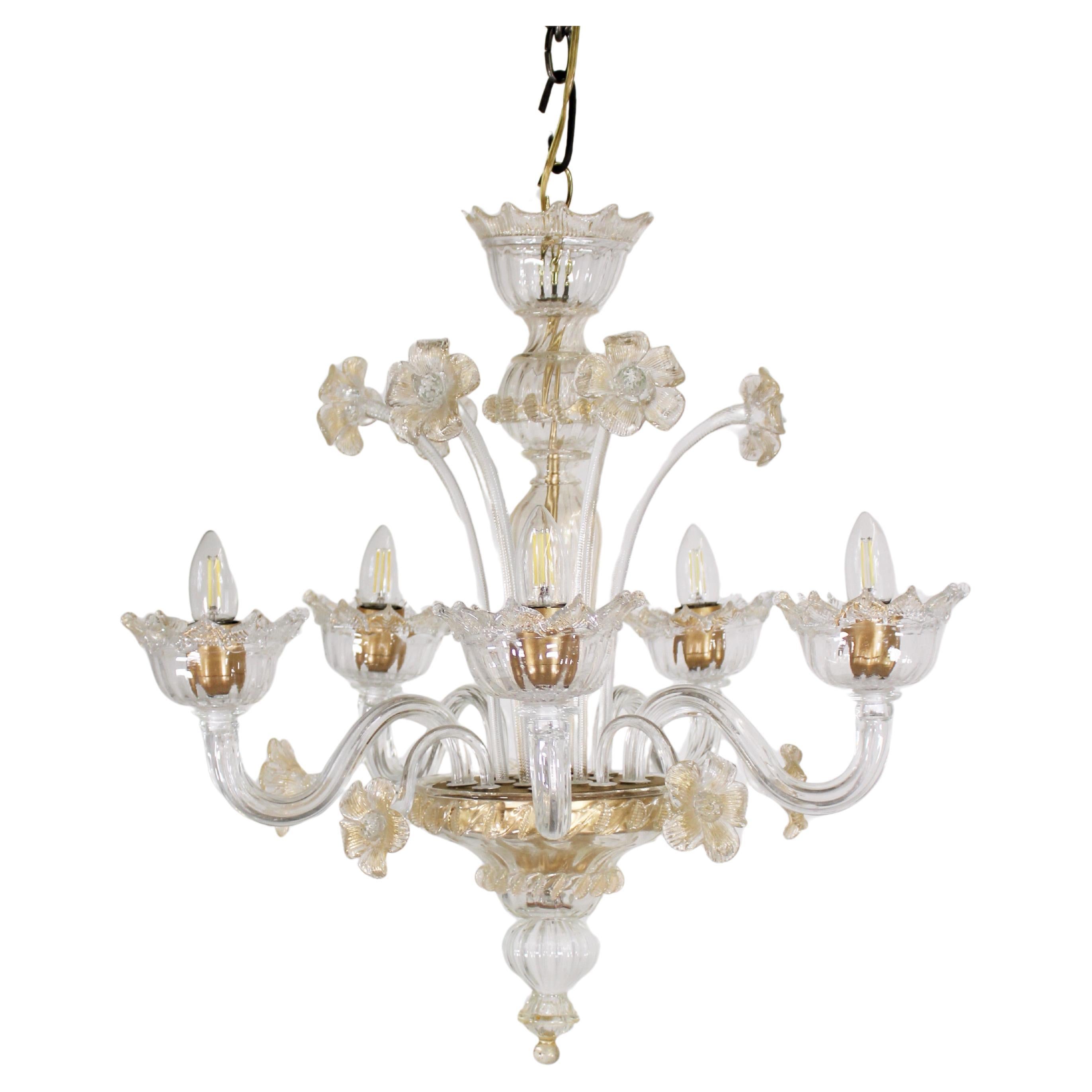 Vintage Baroque Style Five Arm Gold Infused Cristallo Murano Glass Chandelier For Sale