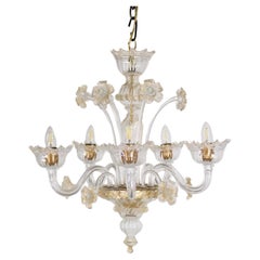 Used Baroque Style Five Arm Gold Infused Cristallo Murano Glass Chandelier