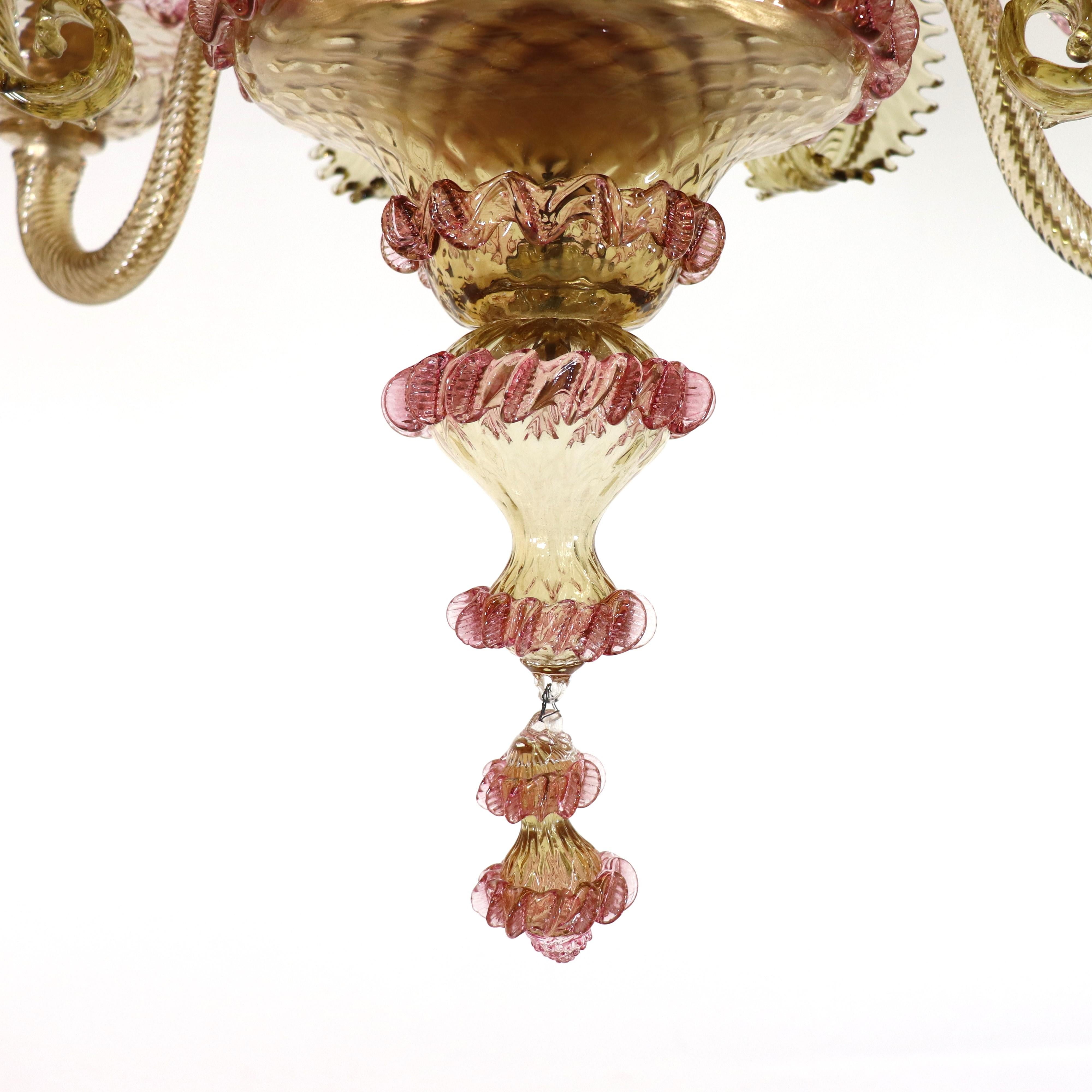 Vintage Baroque Style Floral Amber Six Arm Murano Chandelier For Sale 6