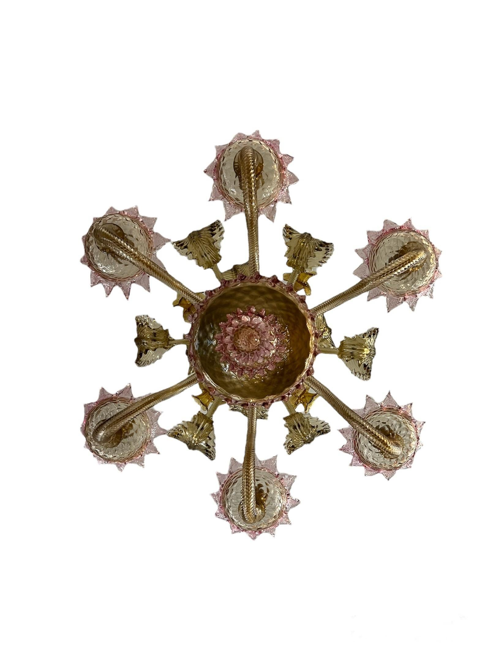 Lustre de Murano vintage de style baroque à six bras en ambre à fleurs en vente 6