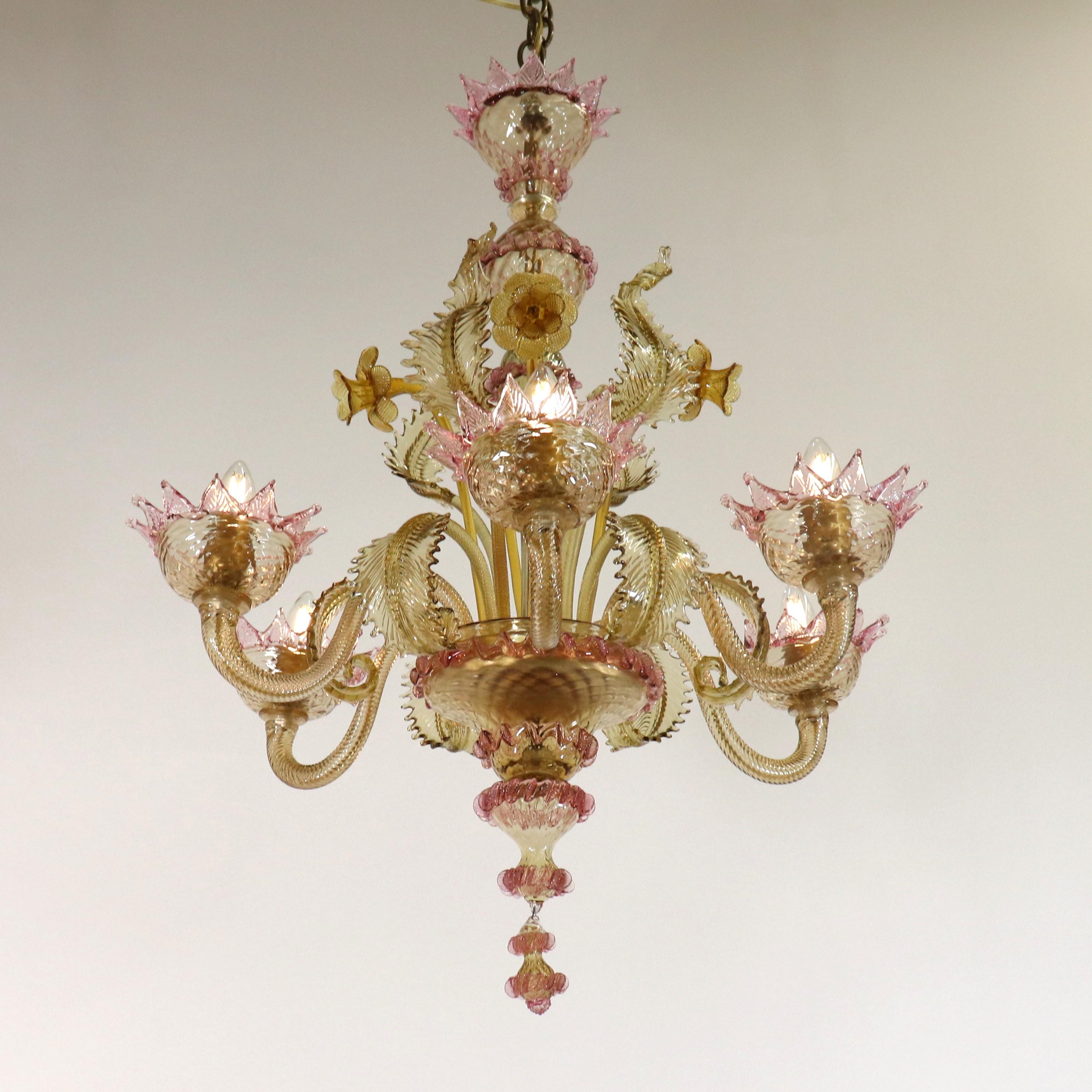 Italian Vintage Baroque Style Floral Amber Six Arm Murano Chandelier For Sale