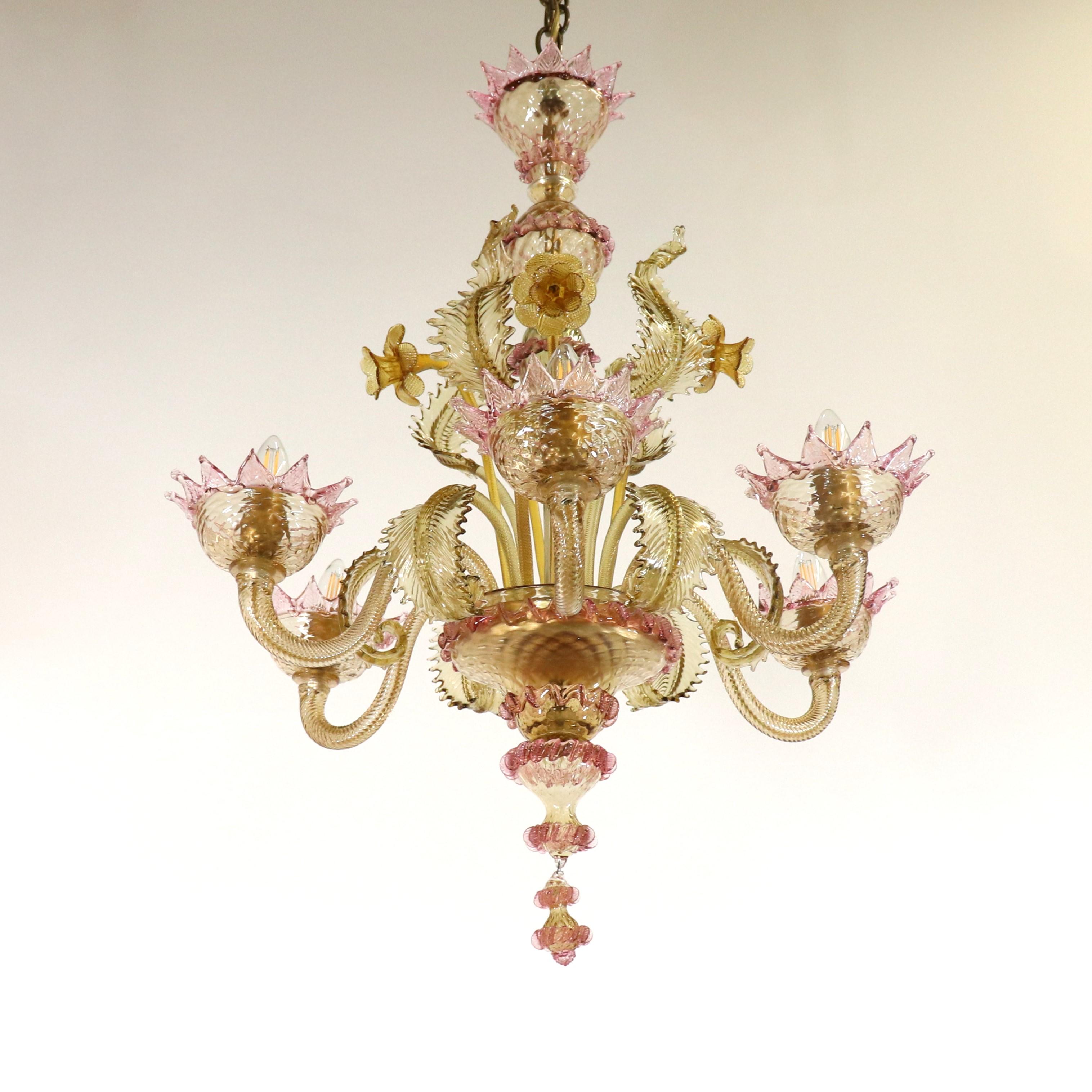 Hand-Crafted Vintage Baroque Style Floral Amber Six Arm Murano Chandelier For Sale