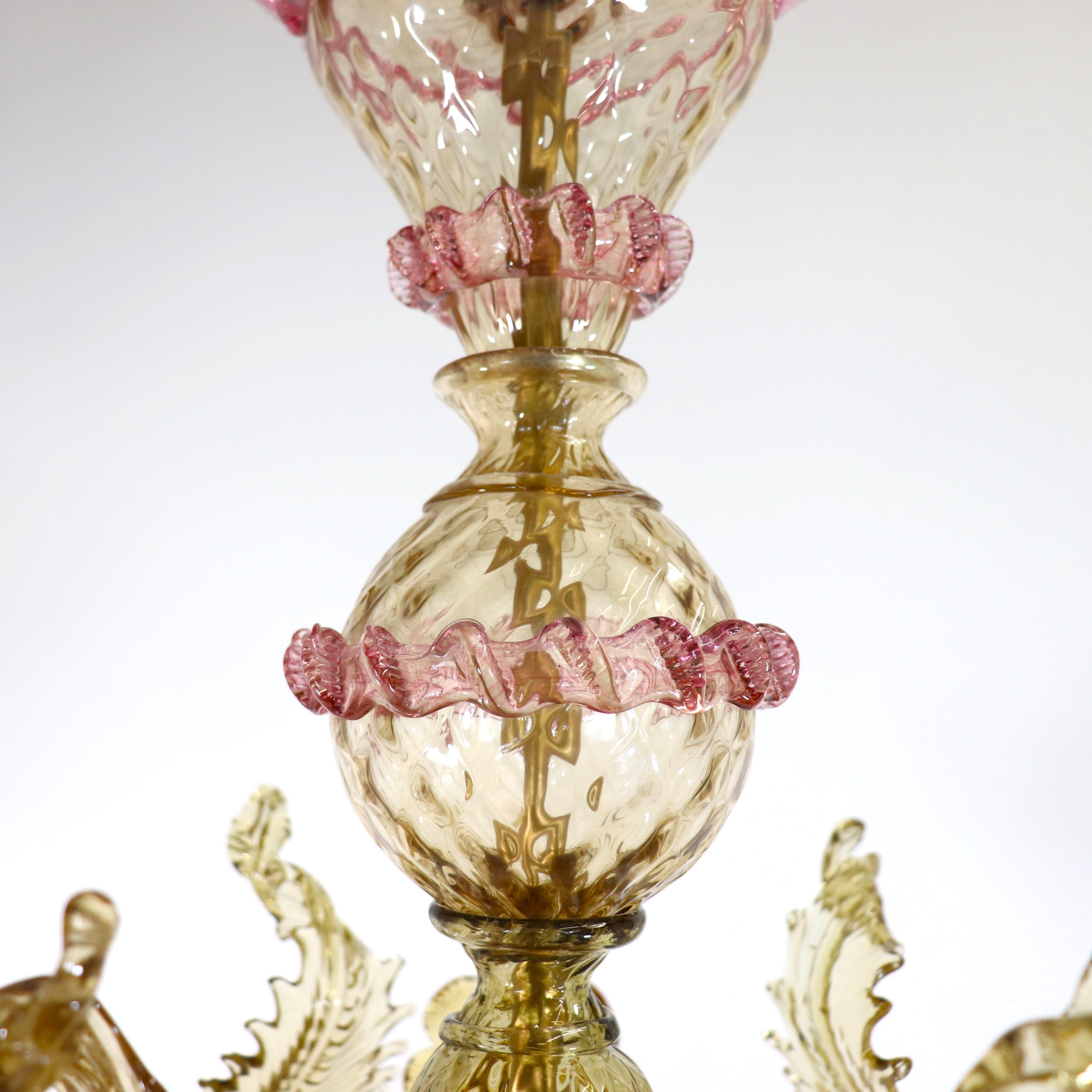 Blown Glass Vintage Baroque Style Floral Amber Six Arm Murano Chandelier For Sale
