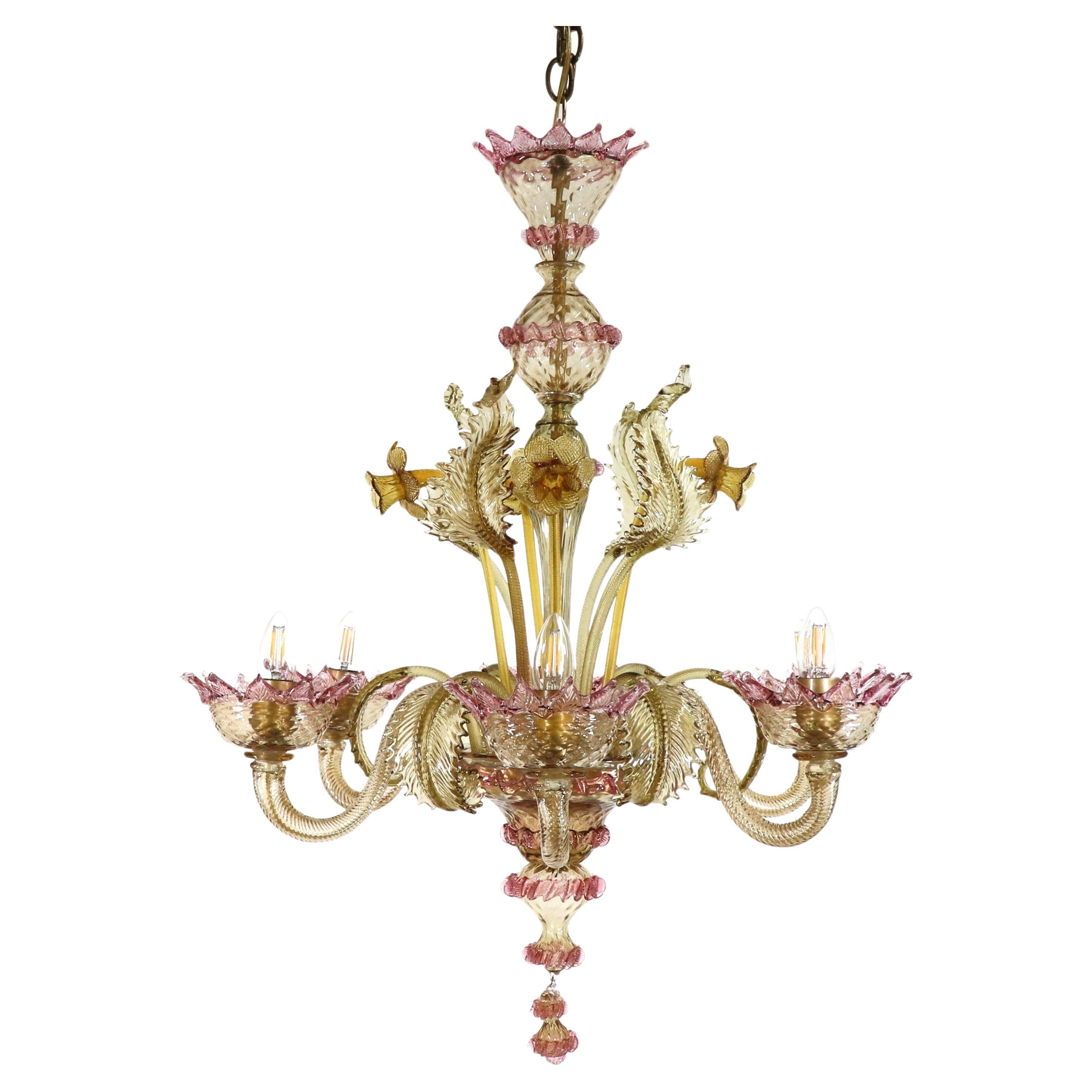 Lustre de Murano vintage de style baroque à six bras en ambre à fleurs