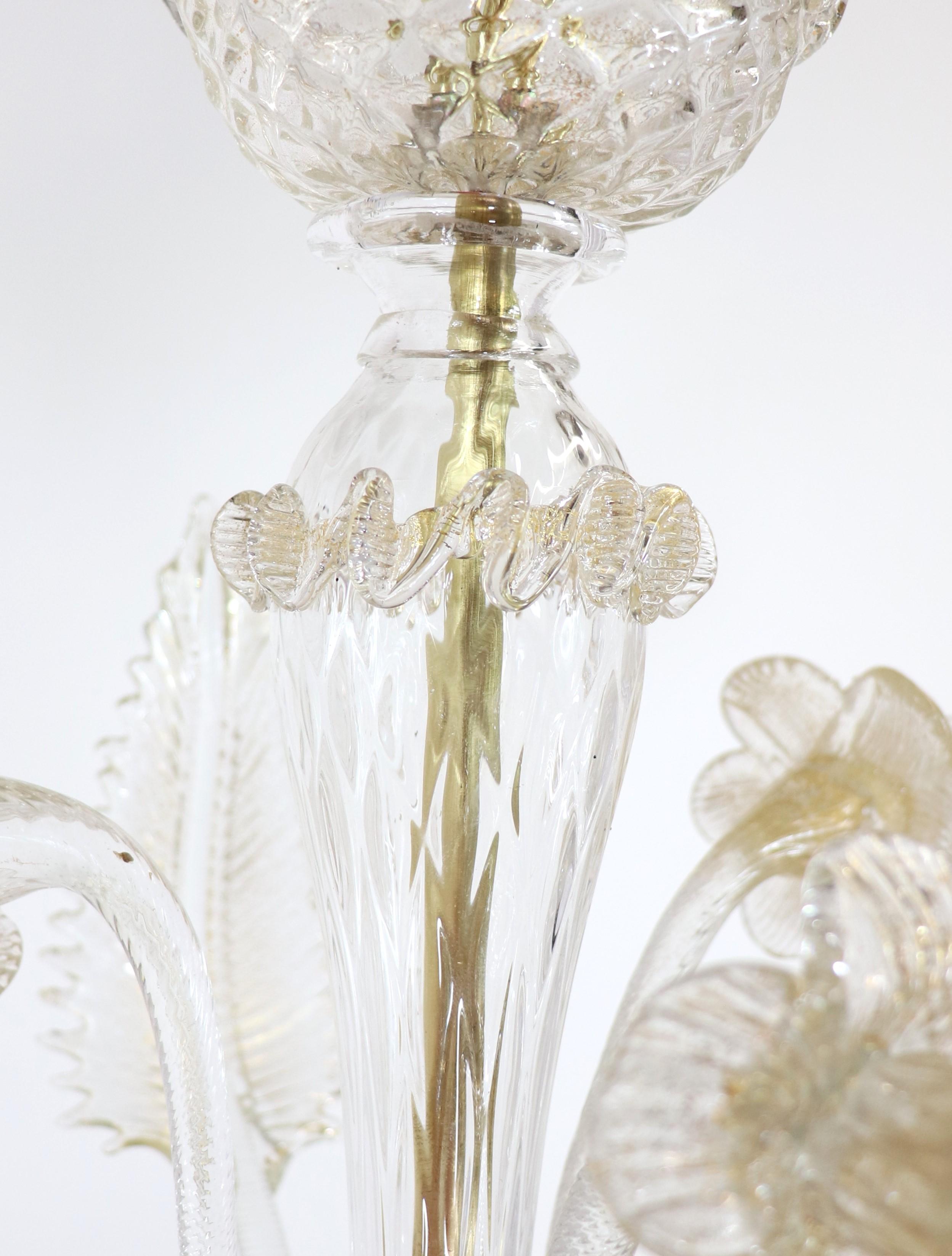 Vintage Baroque Style Floral Gold Inflused Three Arm Cristallo Murano Chandelier For Sale 5