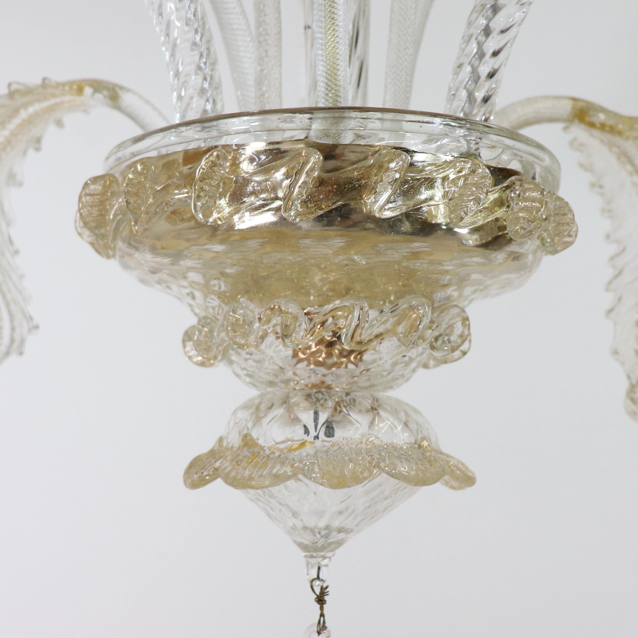 Vintage Baroque Style Floral Gold Inflused Three Arm Cristallo Murano Chandelier For Sale 6