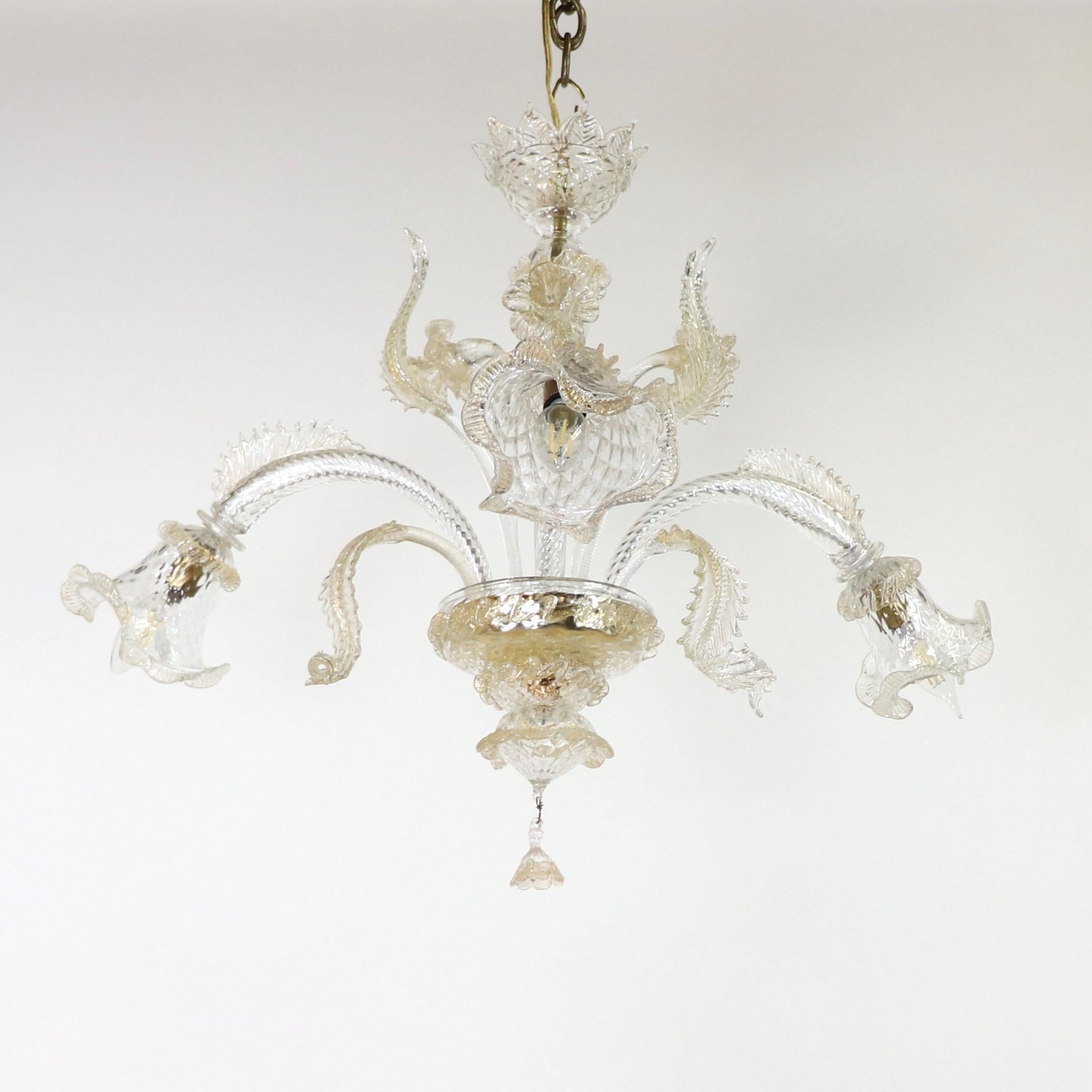 Italian Vintage Baroque Style Floral Gold Inflused Three Arm Cristallo Murano Chandelier For Sale
