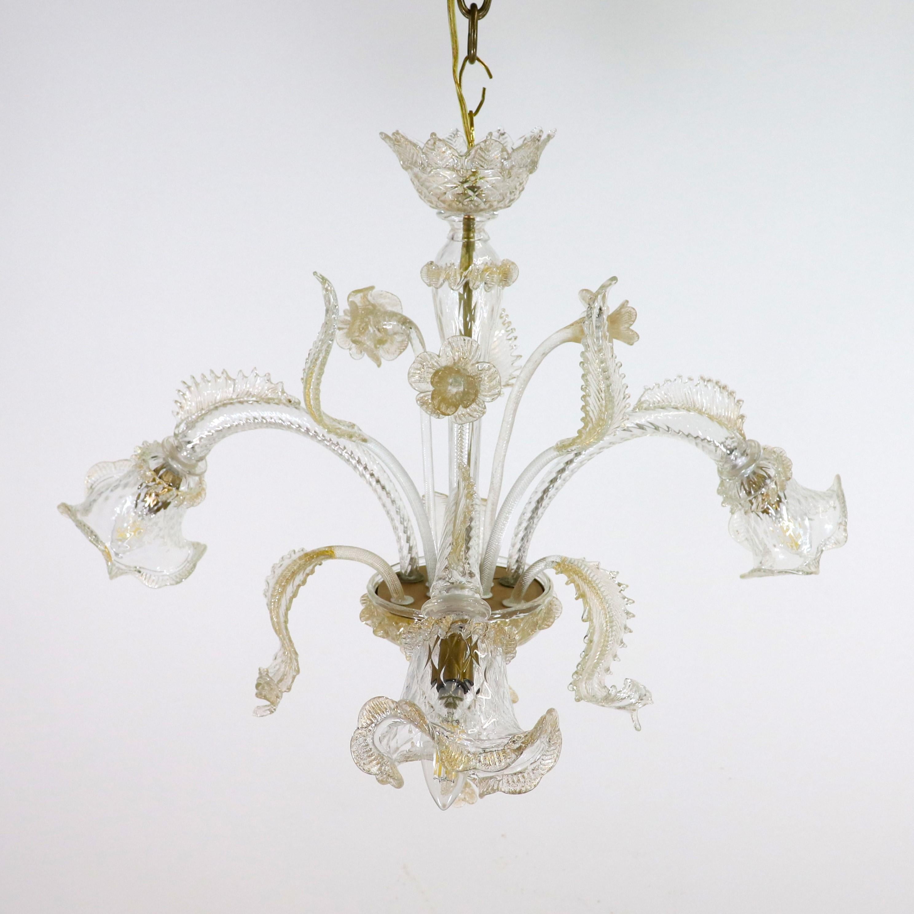 Hand-Crafted Vintage Baroque Style Floral Gold Inflused Three Arm Cristallo Murano Chandelier For Sale