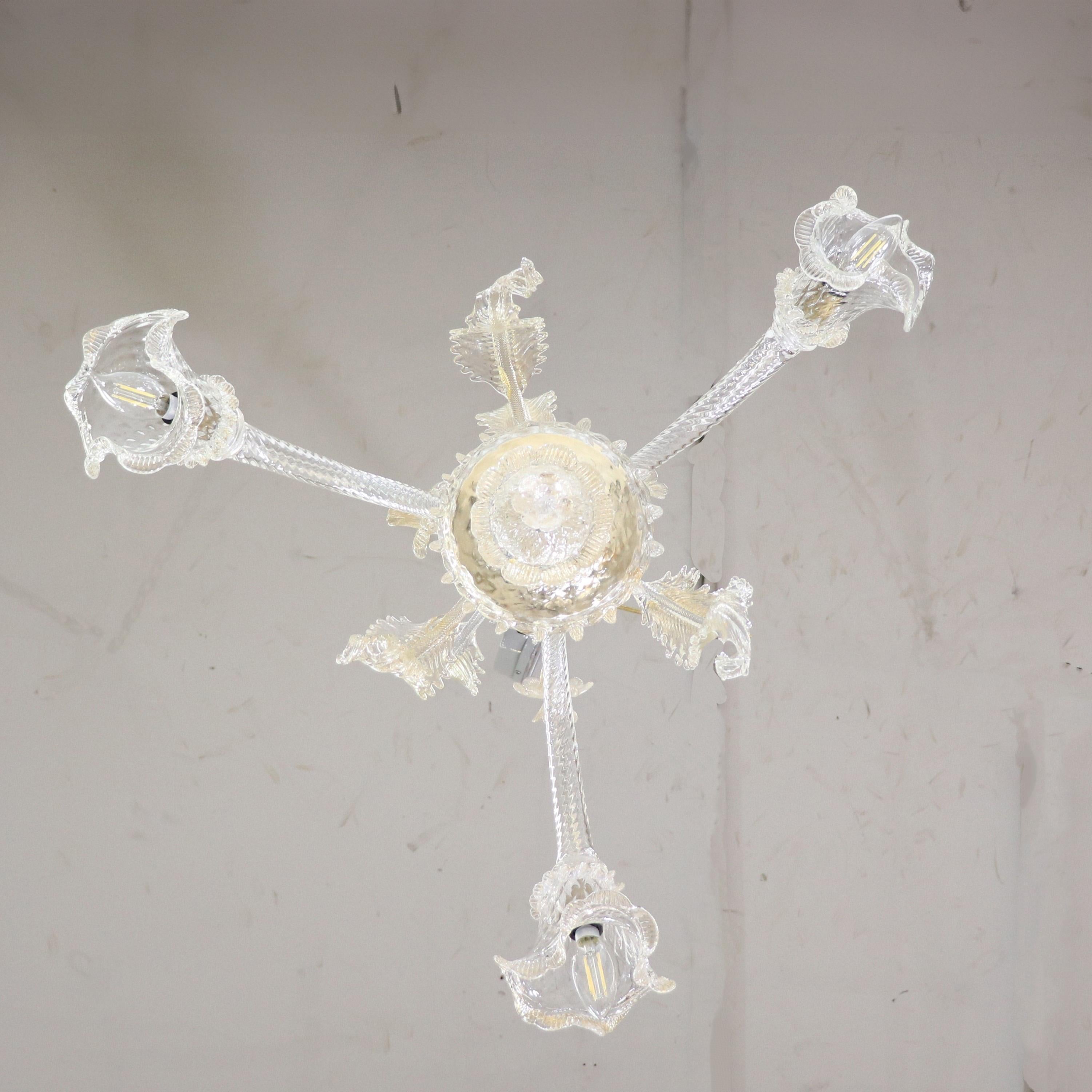 Vintage Baroque Style Floral Gold Inflused Three Arm Cristallo Murano Chandelier In Good Condition For Sale In Chicago, IL