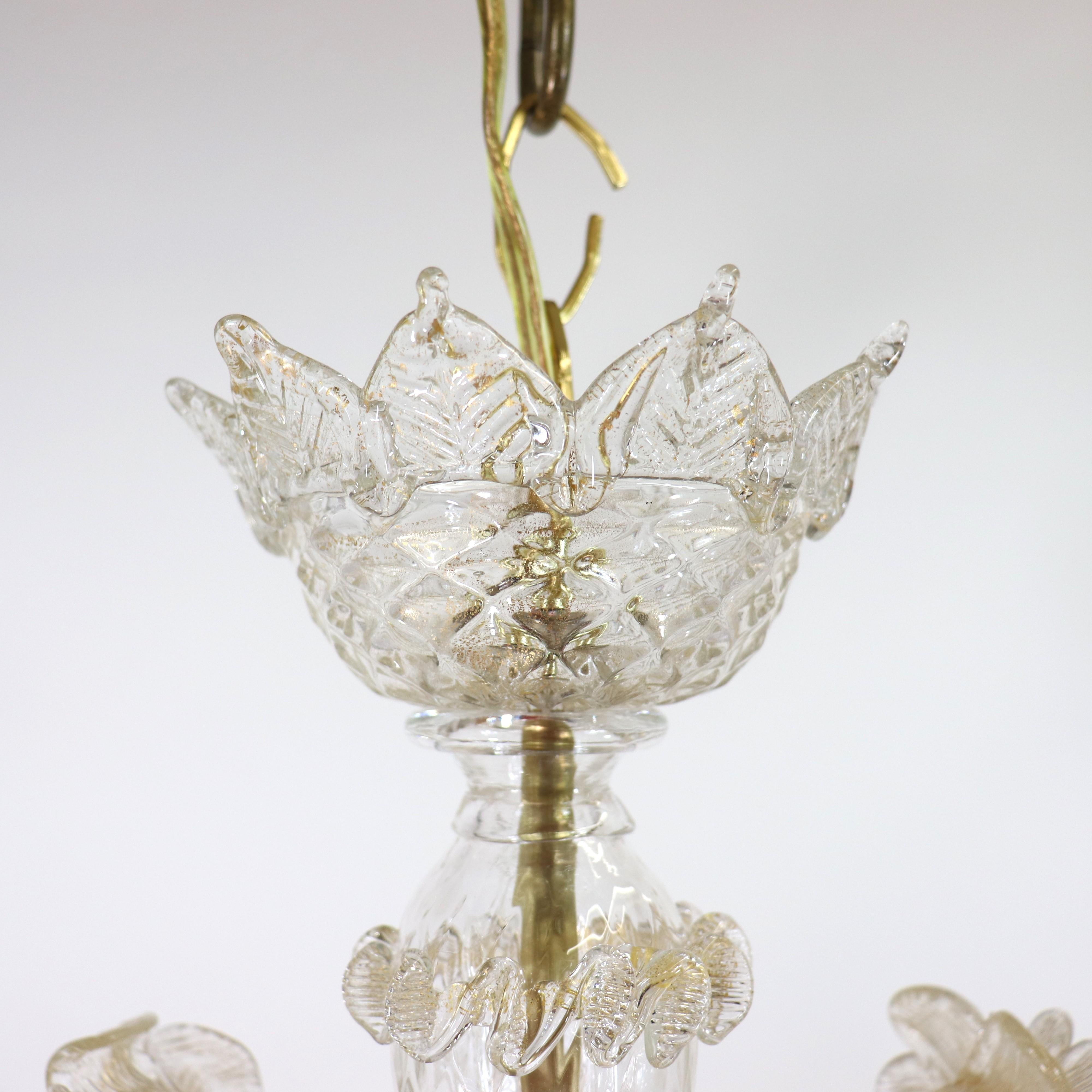 20th Century Vintage Baroque Style Floral Gold Inflused Three Arm Cristallo Murano Chandelier For Sale
