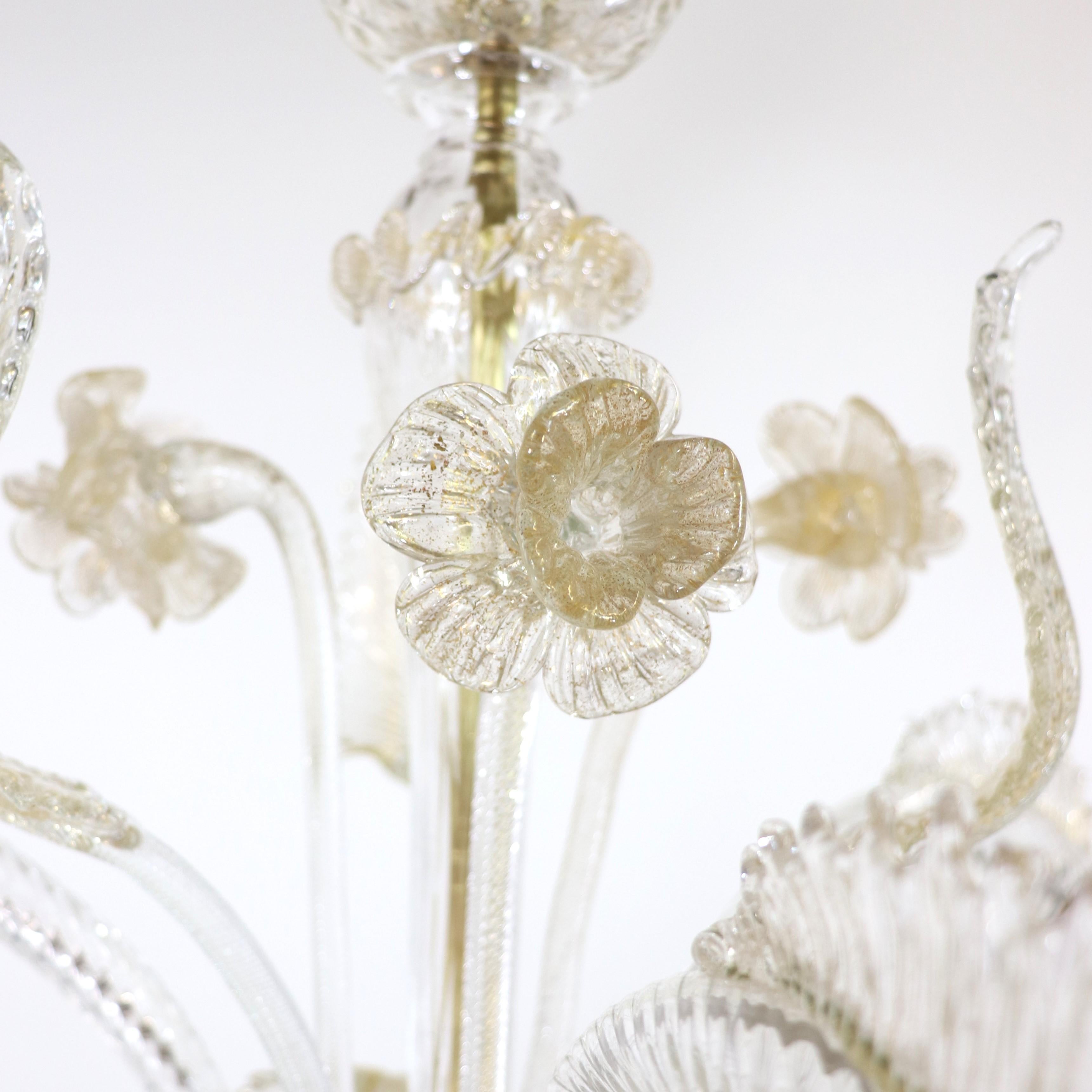 Vintage Baroque Style Floral Gold Inflused Three Arm Cristallo Murano Chandelier For Sale 2
