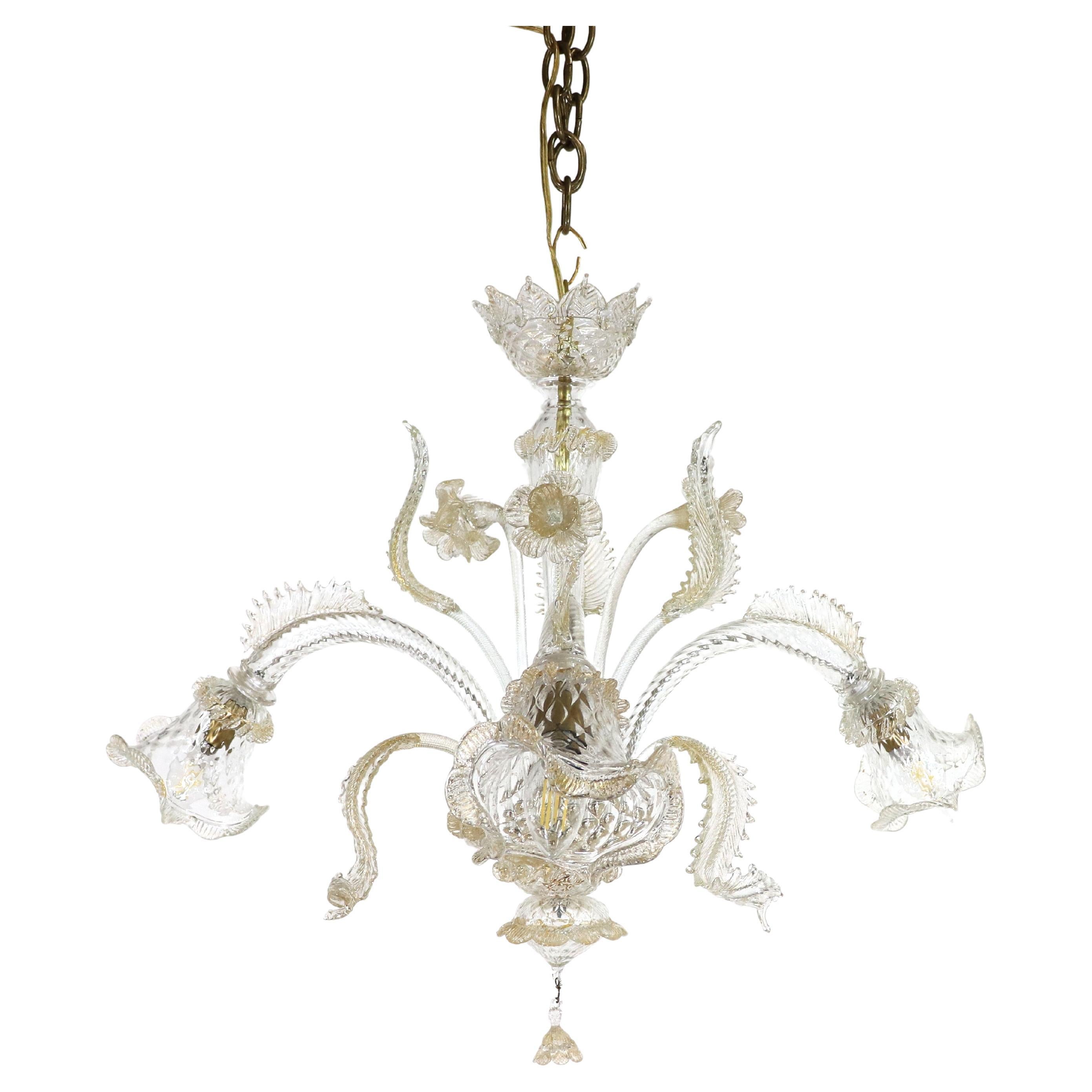 Vintage Baroque Style Floral Gold Inflused Three Arm Cristallo Murano Chandelier For Sale