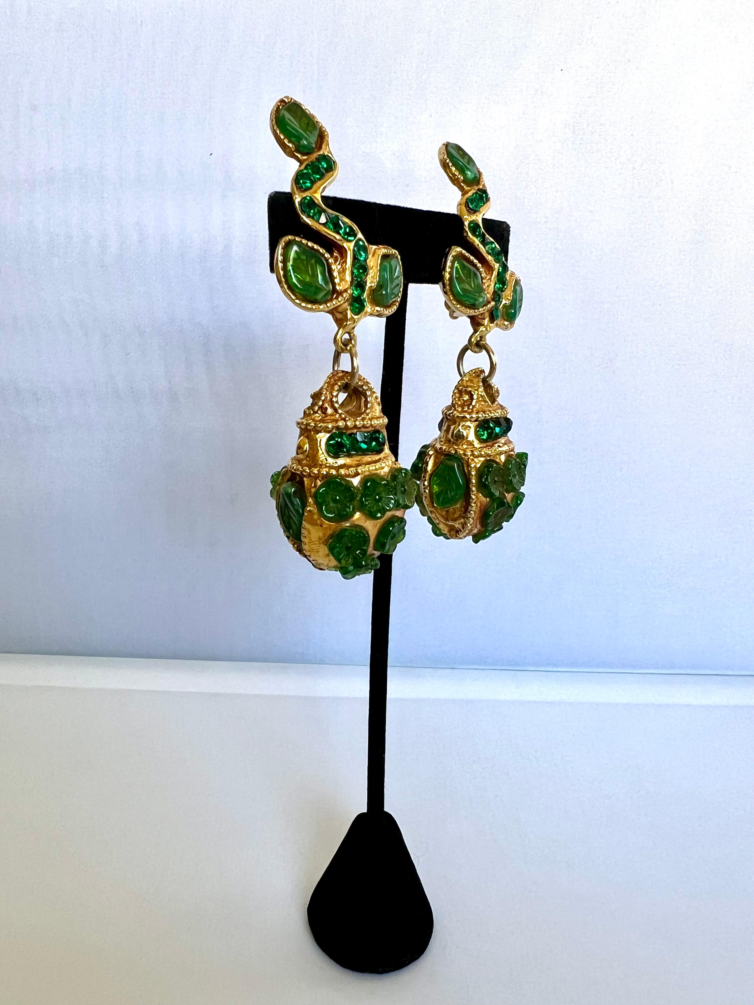 Cabochon Vintage Baroque Style Gilt and Faux Emerald Kalinger Paris Earrings  For Sale