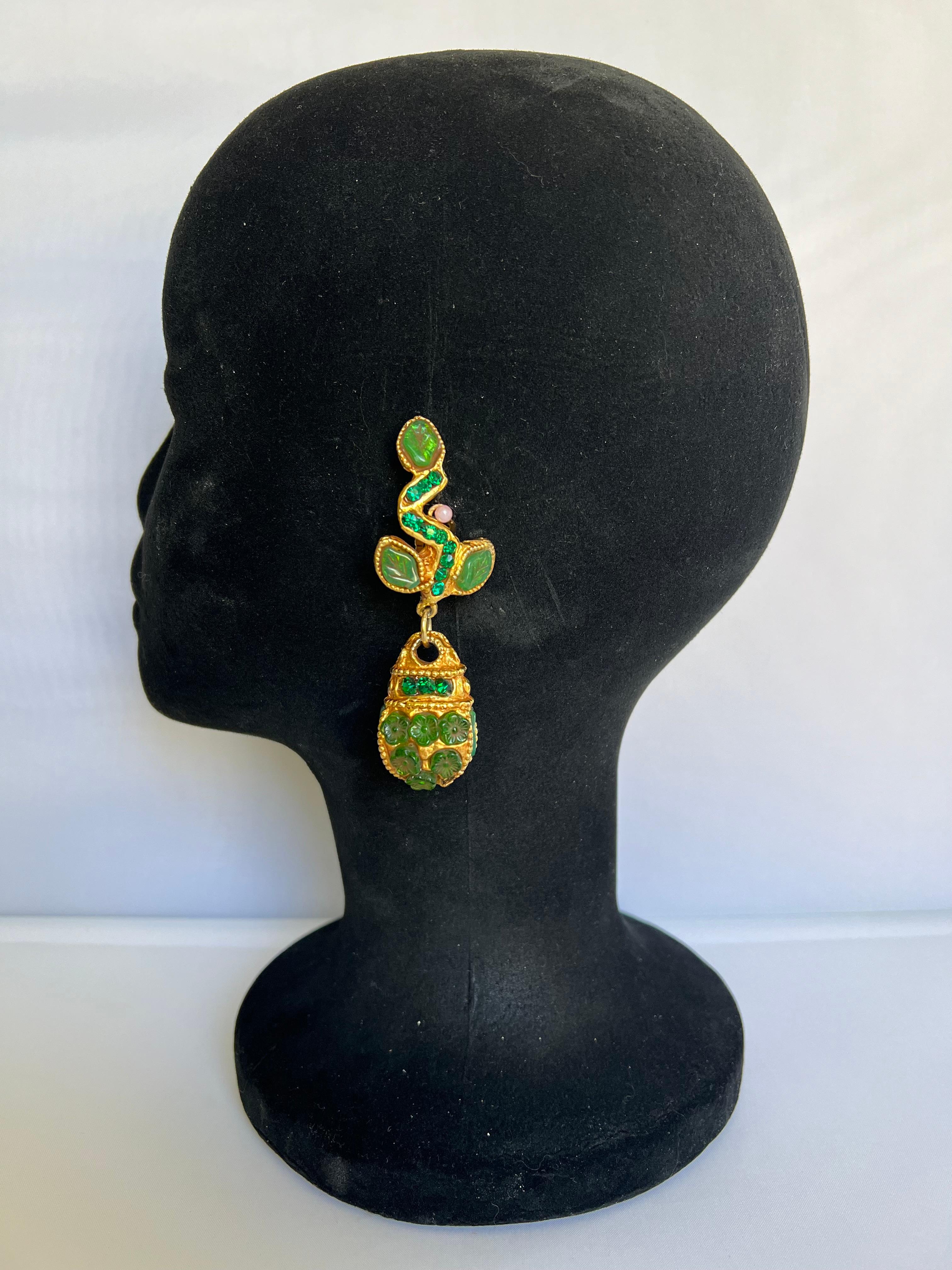 Women's Vintage Baroque Style Gilt and Faux Emerald Kalinger Paris Earrings  For Sale