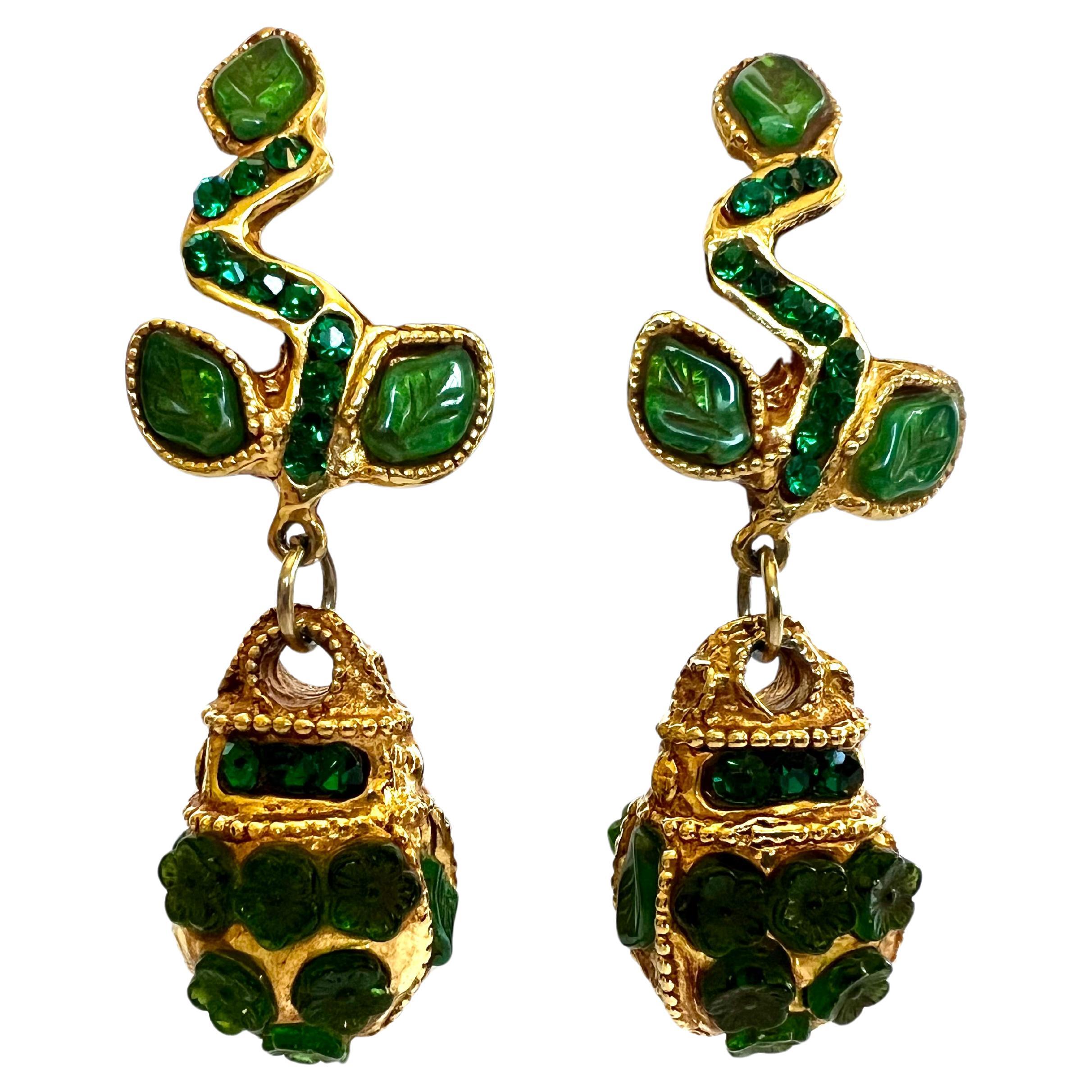 Vintage Baroque Style Gilt and Faux Emerald Kalinger Paris Earrings  For Sale