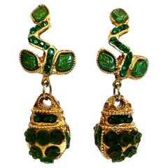 Retro Baroque Style Gilt and Faux Emerald Kalinger Paris Earrings 