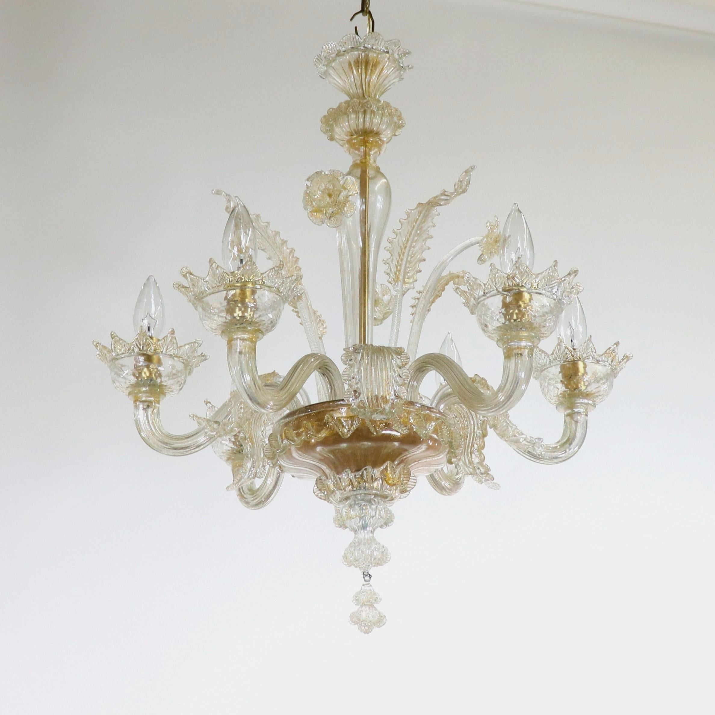 Italian  Vintage Baroque Style Gold Infused Cristallo Murano Chandelier For Sale