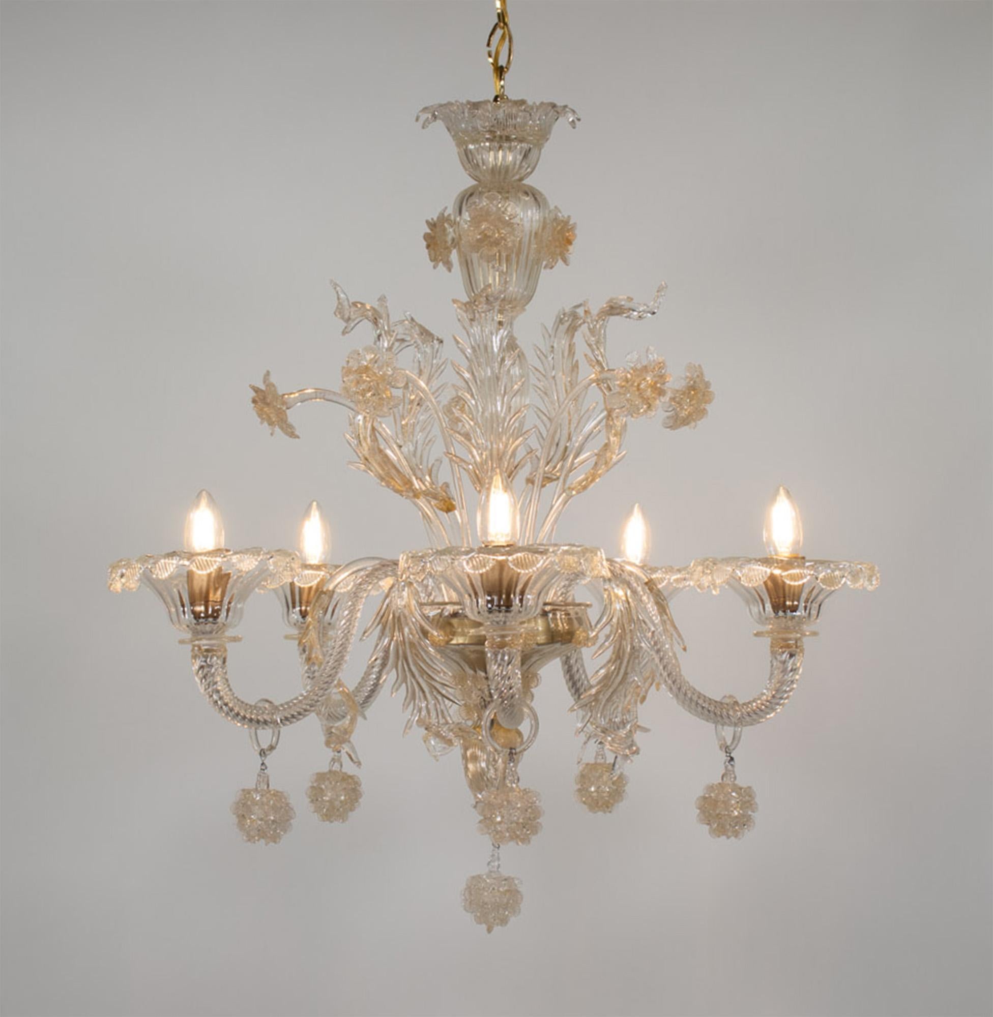 Murano-Kronleuchter im Barockstil mit Goldgefäßenen Federn aus Muranoglas (Italienisch) im Angebot