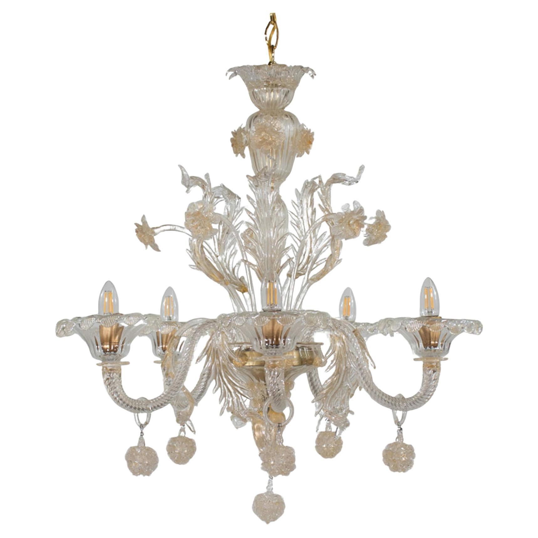 Vintage Baroque Style Gold Infused Feather Glass Murano Chandelier