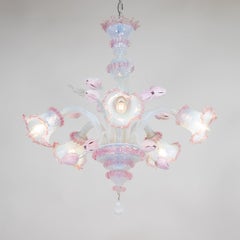 Vintage Baroque Style Opaline Murano Chandelier with Pink Lattimo Tulips and Rig