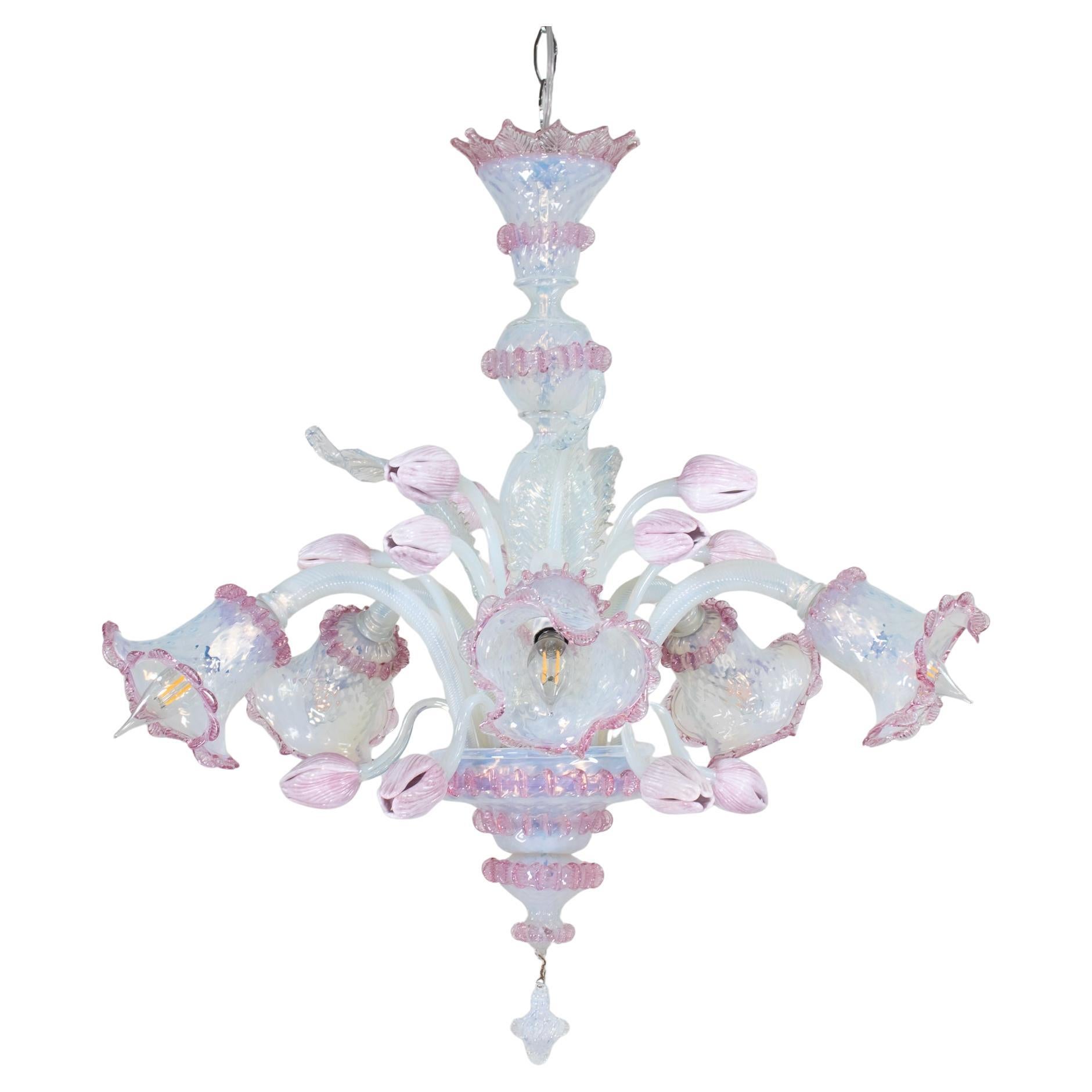 Vintage Baroque Style Opaline Murano Chandelier with Pink Lattimo Tulips and Rig