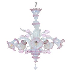 Vintage Baroque Style Opaline Murano Chandelier with Pink Lattimo Tulips and Rig