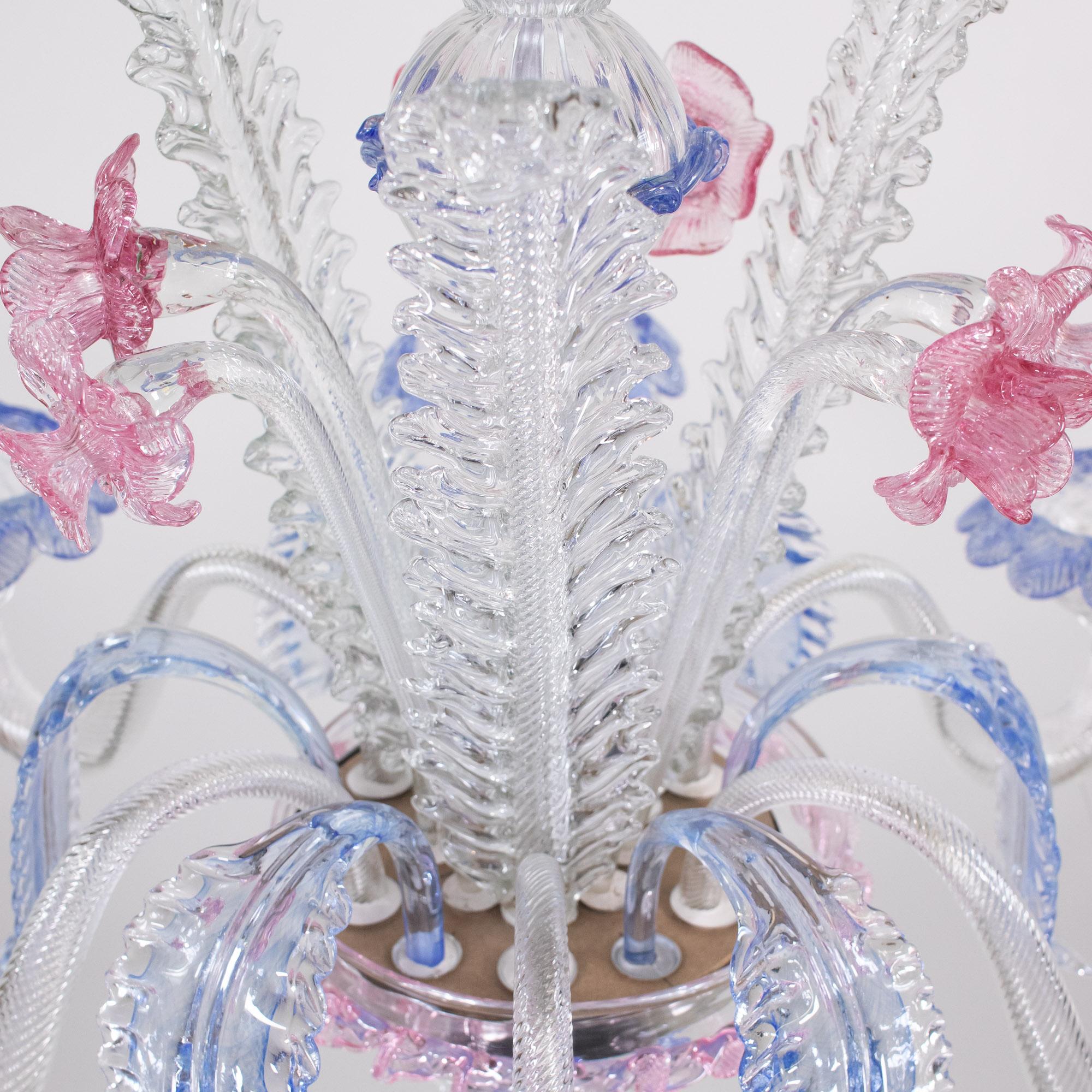 Vintage Baroque Style Pink and Blue Floral Murano Chandelier For Sale 5
