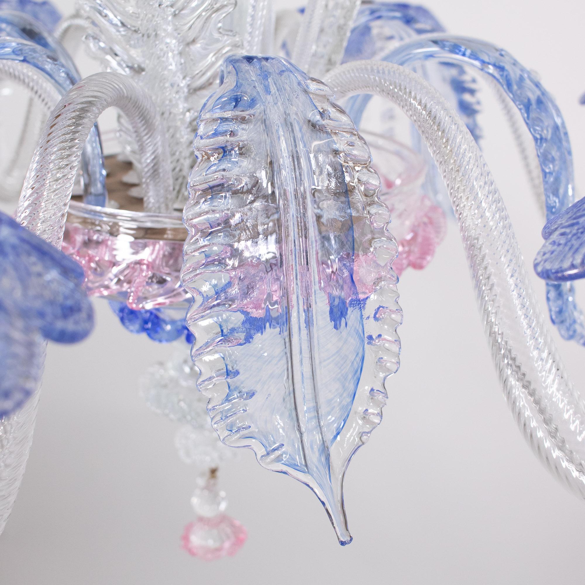 Vintage Baroque Style Pink and Blue Floral Murano Chandelier For Sale 6