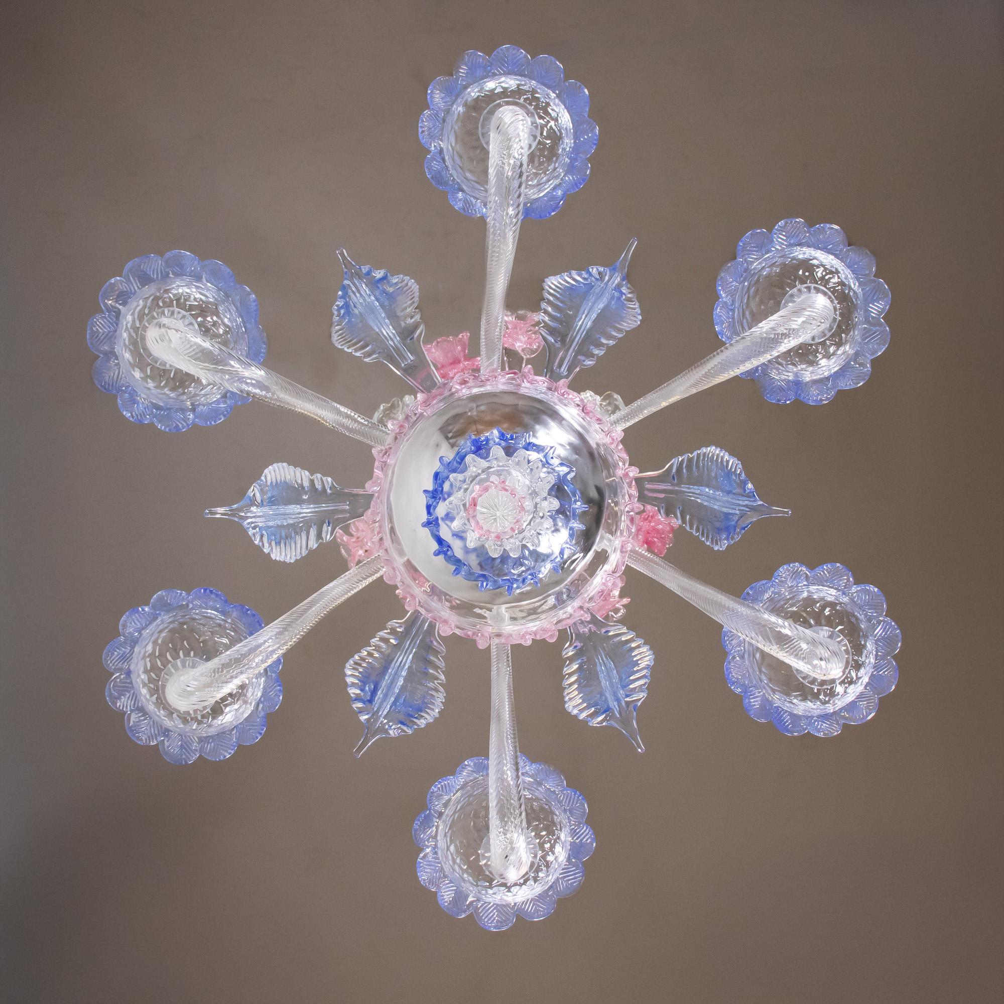Italian Vintage Baroque Style Pink and Blue Floral Murano Chandelier For Sale