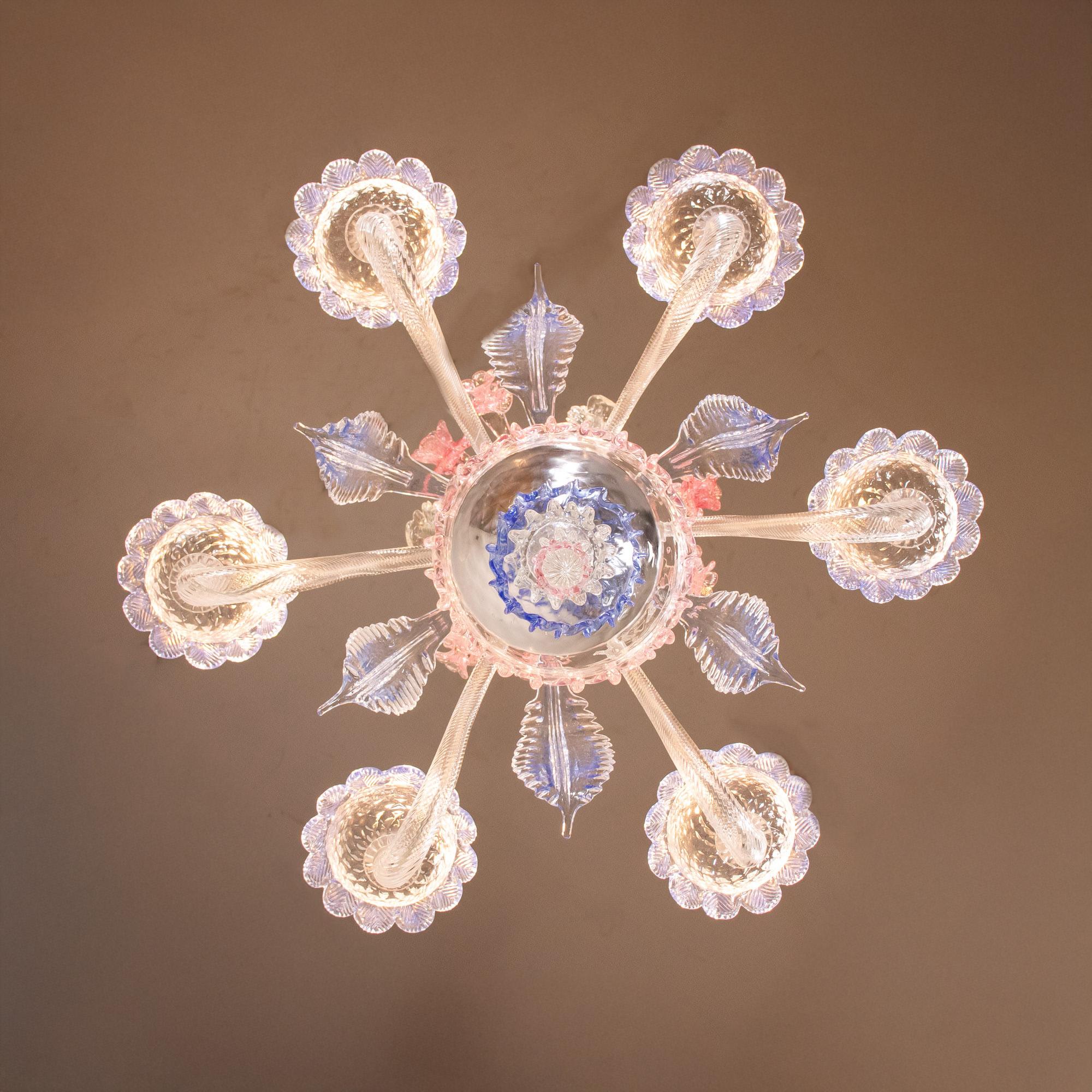 Hand-Crafted Vintage Baroque Style Pink and Blue Floral Murano Chandelier For Sale