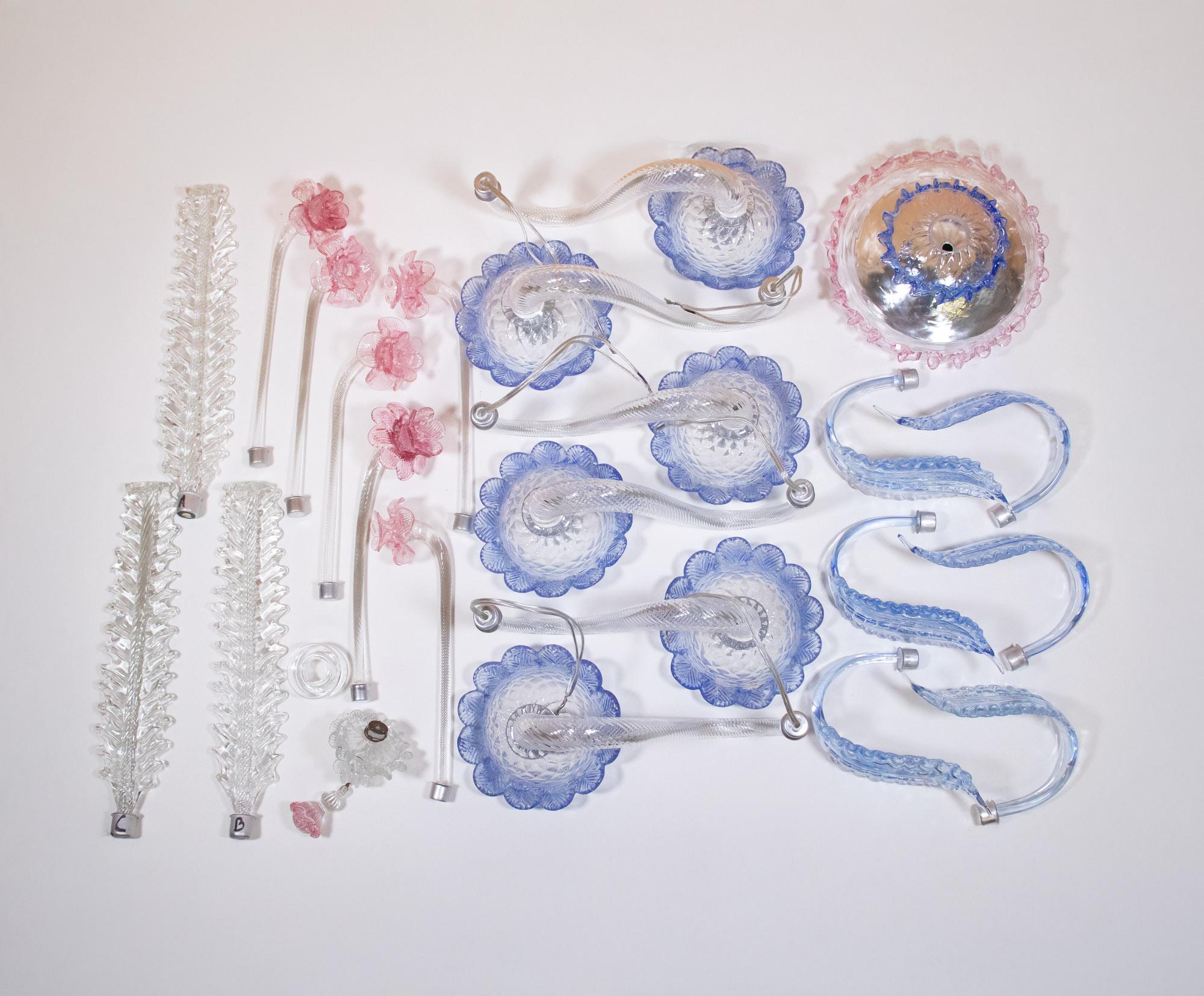 Vintage Baroque Style Pink and Blue Floral Murano Chandelier In Good Condition For Sale In Chicago, IL