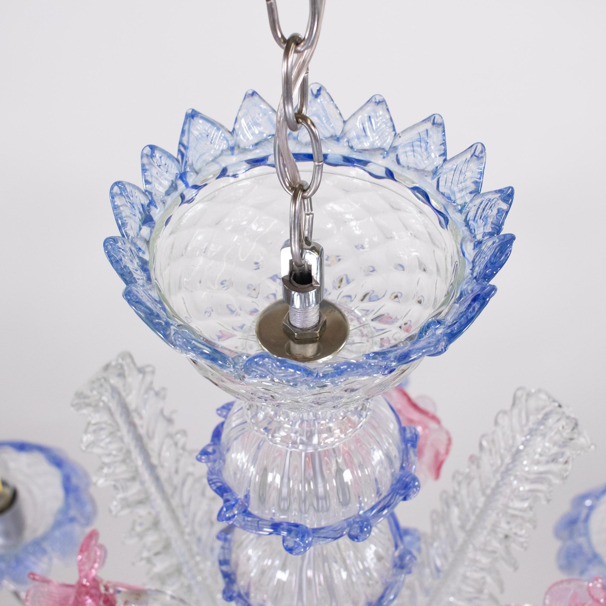 20th Century Vintage Baroque Style Pink and Blue Floral Murano Chandelier For Sale